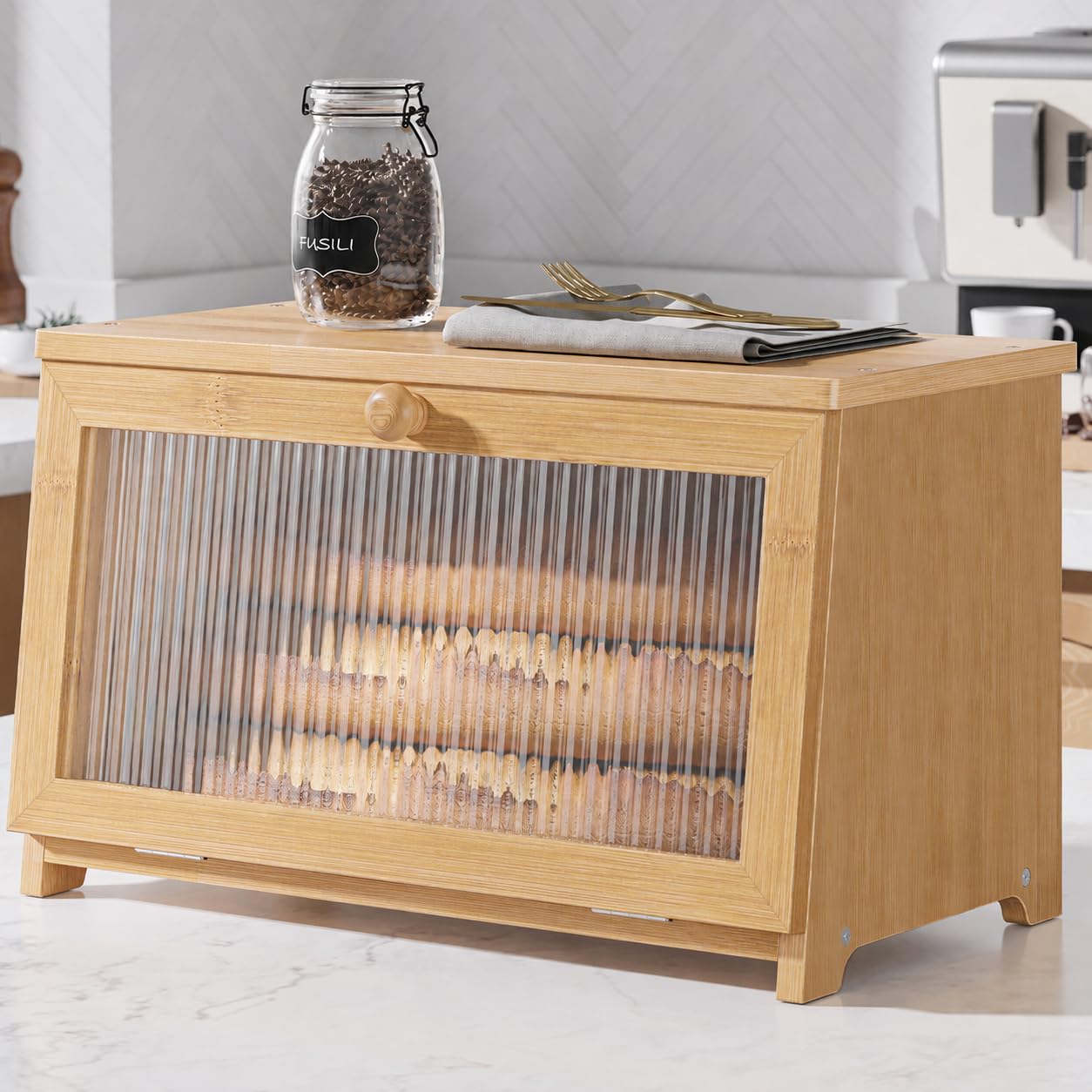 Kitsure Bambus-Brotkasten, Brotbox mit Acrylfront, 38 × 21 × 23 cm, Natur