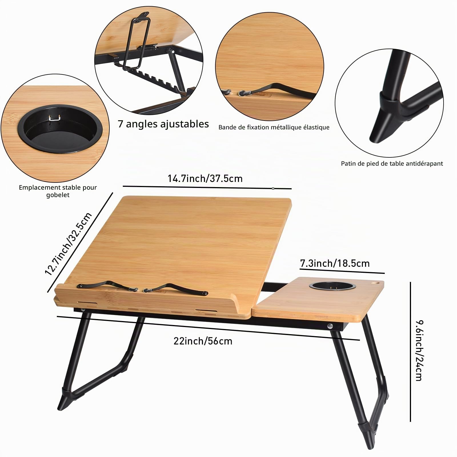 Wishacc Support réglable en bambou pour ordinateur portable et livre de cuisine pour lecture au lit, trombones, plusieurs angles