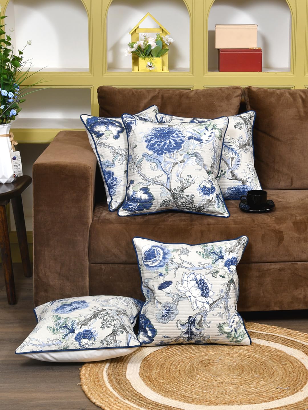 Clasiko Cushion Covers Set Of 5 Grey & Blue Flowers With Quilting; Cotton 250 TC Fabric; 22X22 Inches; Color Fastness Guarantee 17067 (B07C81YGDC) Amazon Price History, Amazon Price Tracker
