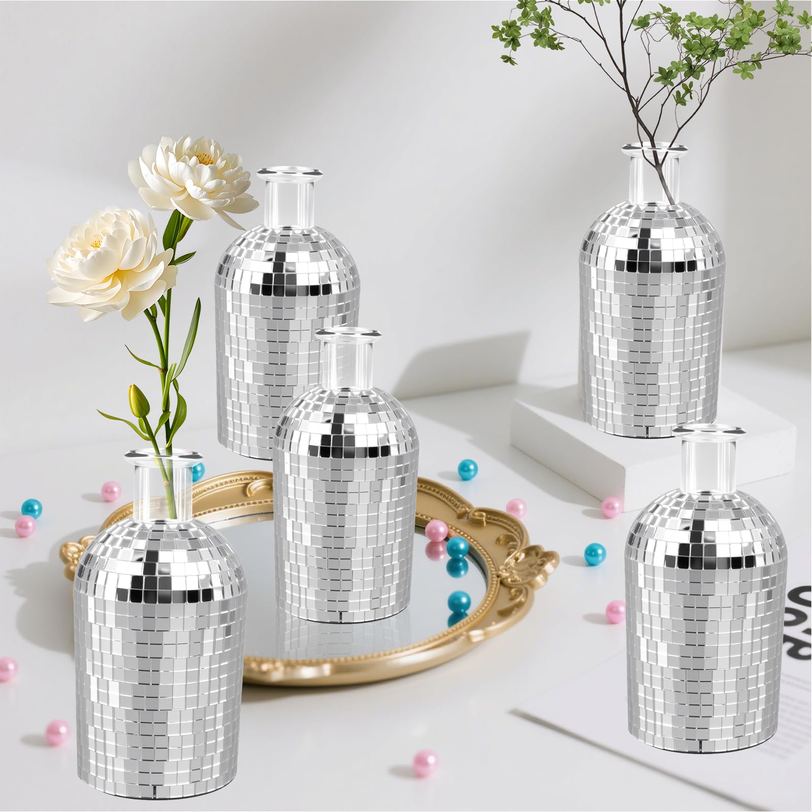 Discokugel-Mini-Vase, 12,7 cm, silberfarben, spiegelnd, kleine Glas-Pflanzgefäß, Discokugel-Vase für Zuhause, Schlafzimmer, Küche, Büro, Innen- und Außenbereich, Hochzeit, Geburtstag