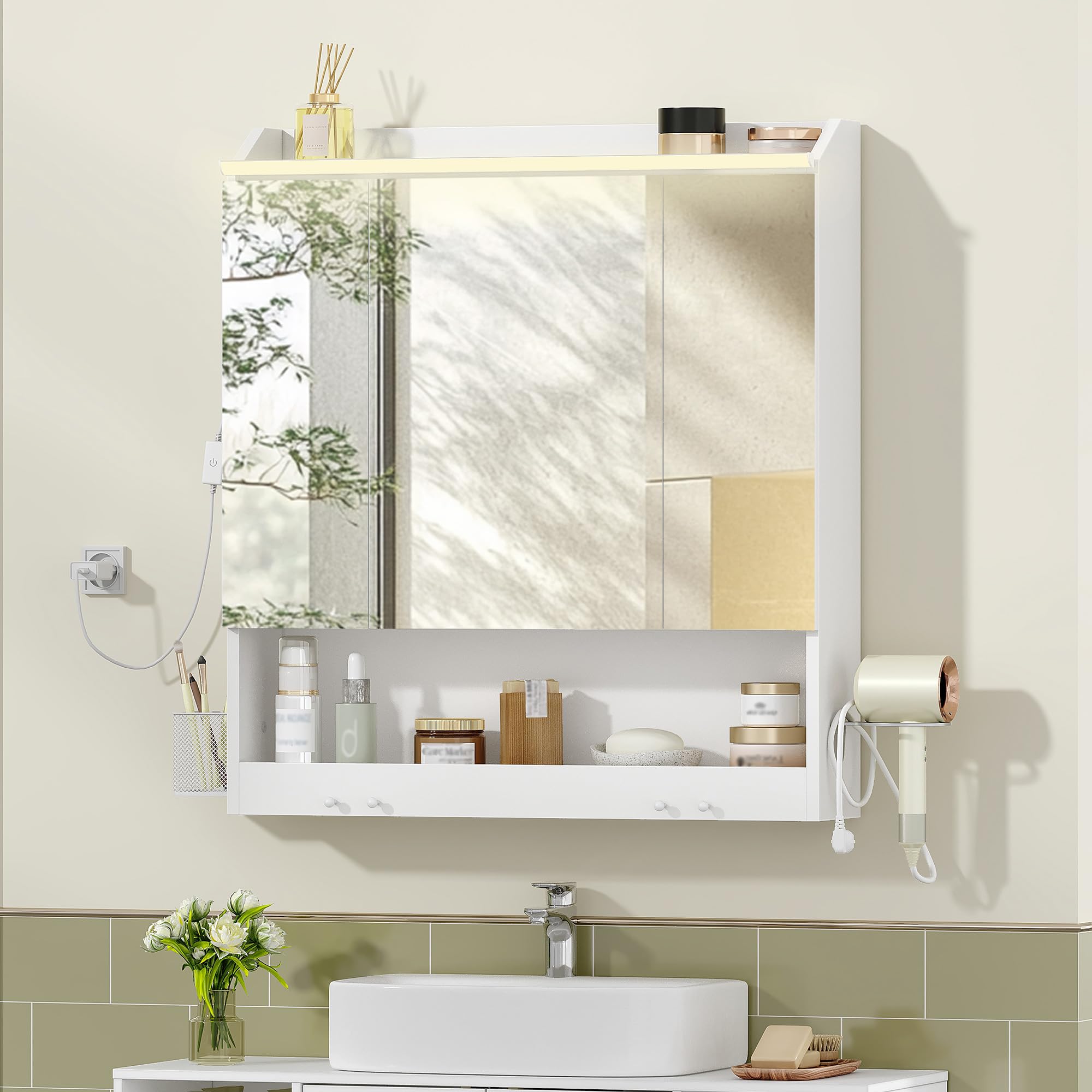 HEXCELEN Armario de Baño con Espejo y Luz LED, Armario de Pared, Compartimento Abierto, Estante Interior Ajustable, Mueble Espejo de Pared, Blanco, 15 x 70 x 78,8 cm 590303X
