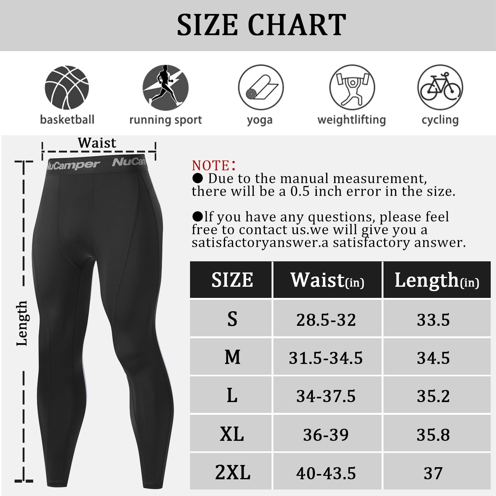 NuCamper Spodnie Kompresyjne Męskie Legginsy, Oddychające Kompresyjne, Szybkoschnące Fitness, Dopasowane w Pasie, Rozciągającego Baselayer Legginsy Spodnie Dla Fitness Jogging Koszykówka