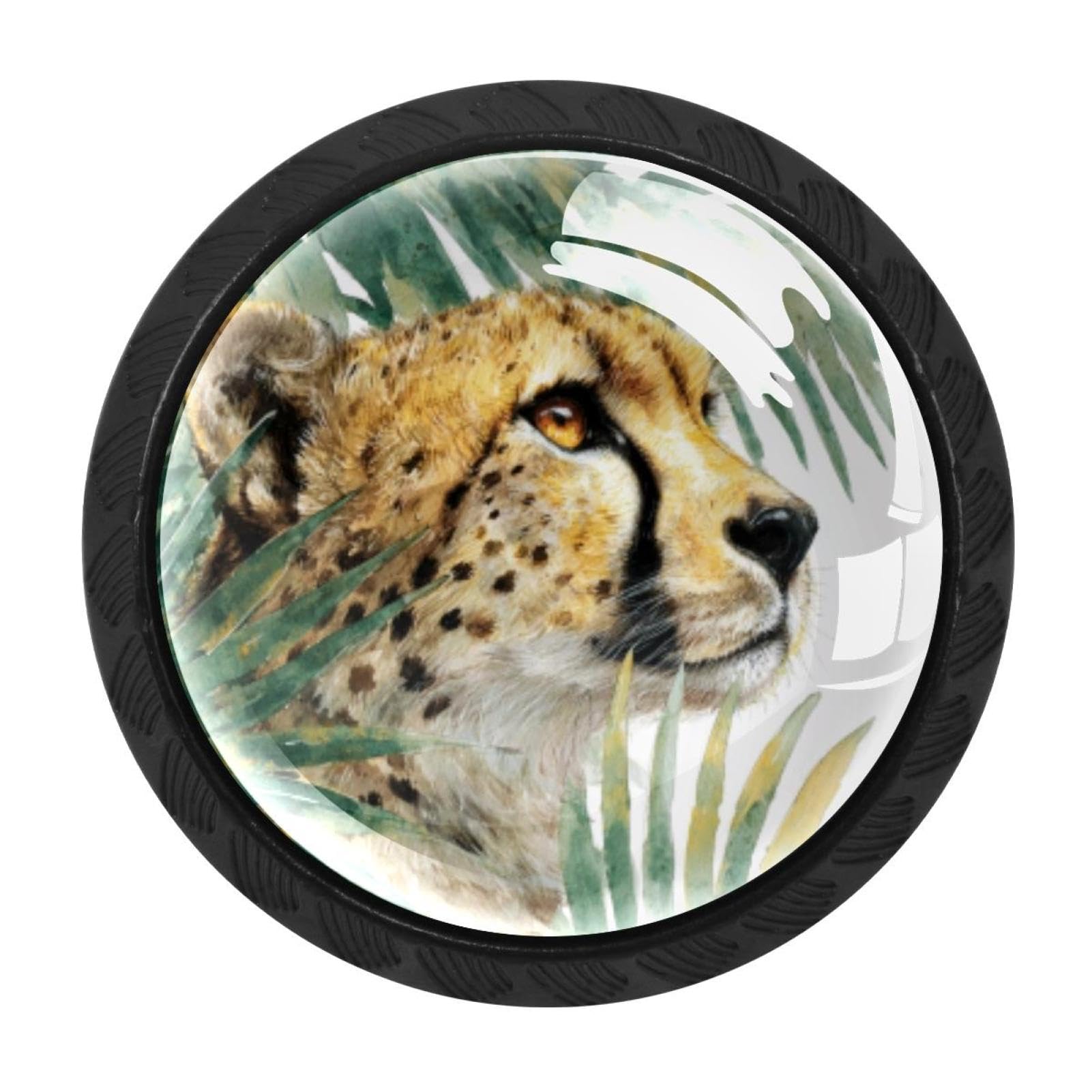 CHENZZZZ 4PCS Cheetah and Palm Leaves (2) Dresser Knob Round Glass Drawer Knobs Pulls Cabinet Handle for Home Kitchen Office Bathroom Wardrobe Cupboard