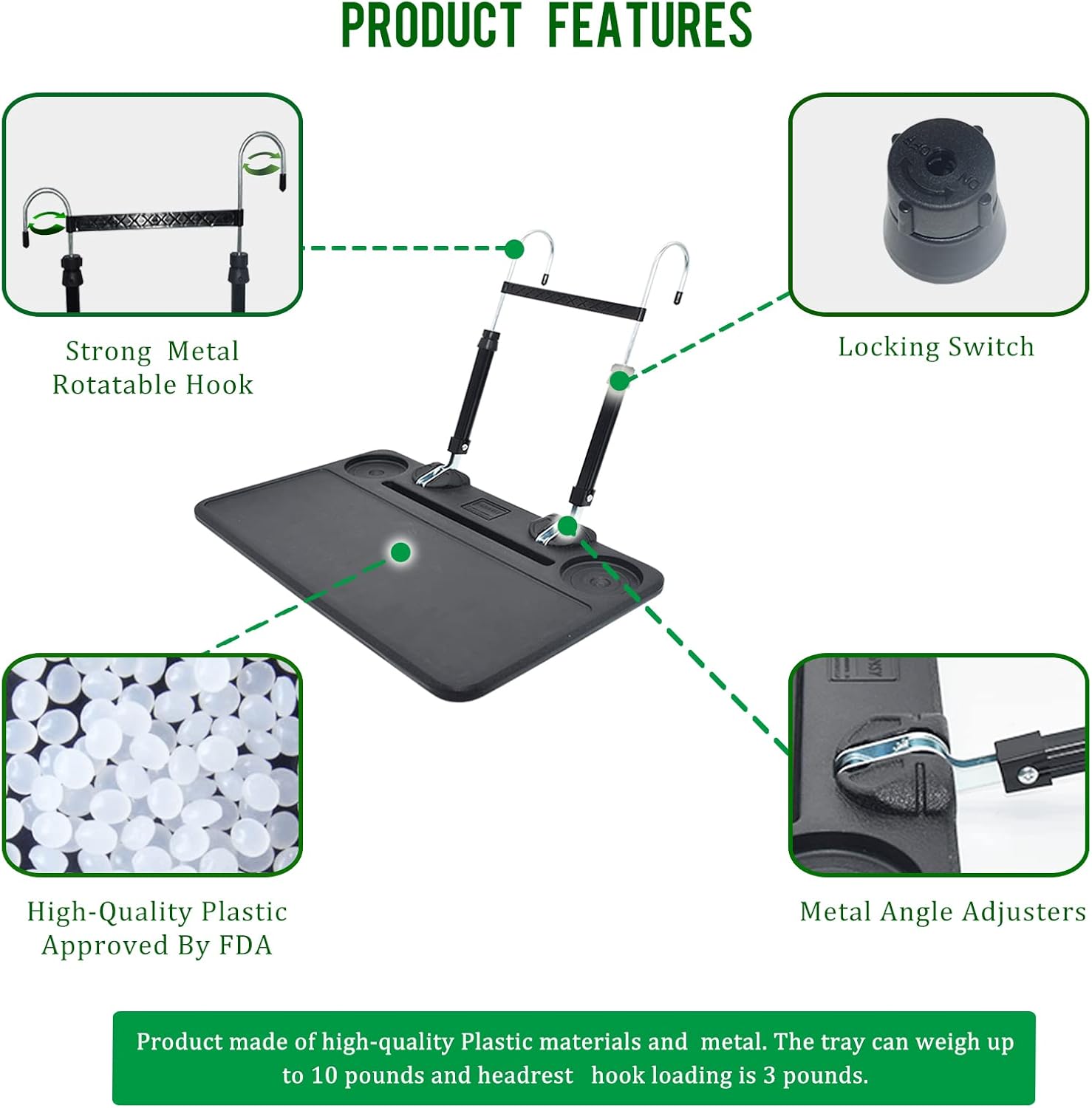 NBBNSY 2 in 1 Adjustable Large Auto Steering Wheel Desk/Back Seat Headrest Tray iPad and Mobile Phone Table, Eating/Laptop Tray. Suitable for Truck, Bus, Car (Black) : Automotive