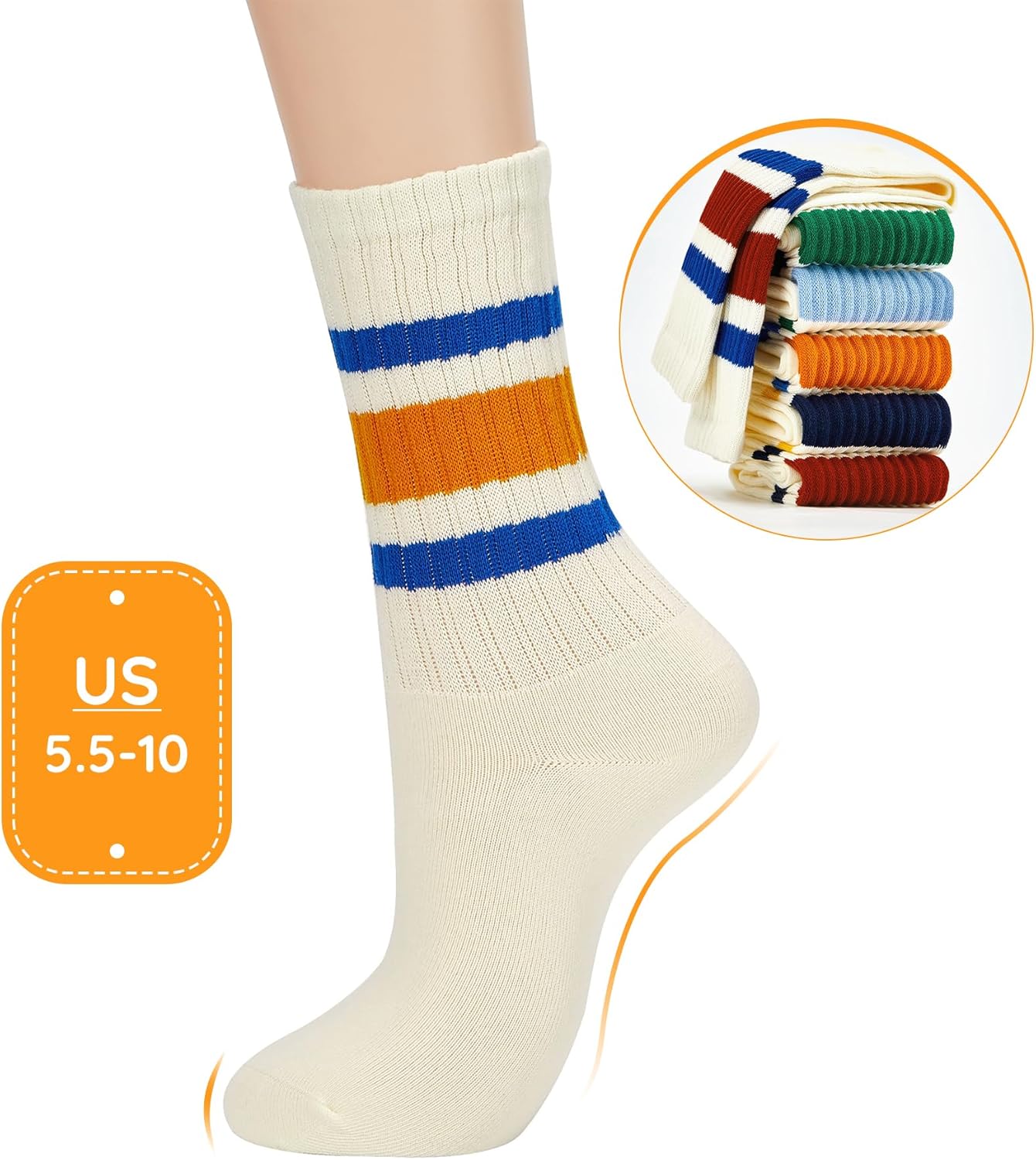 Zando Women's Striped Retro Vintage Calf Socks - Sporty & Casual Cotton Socks - Image 4