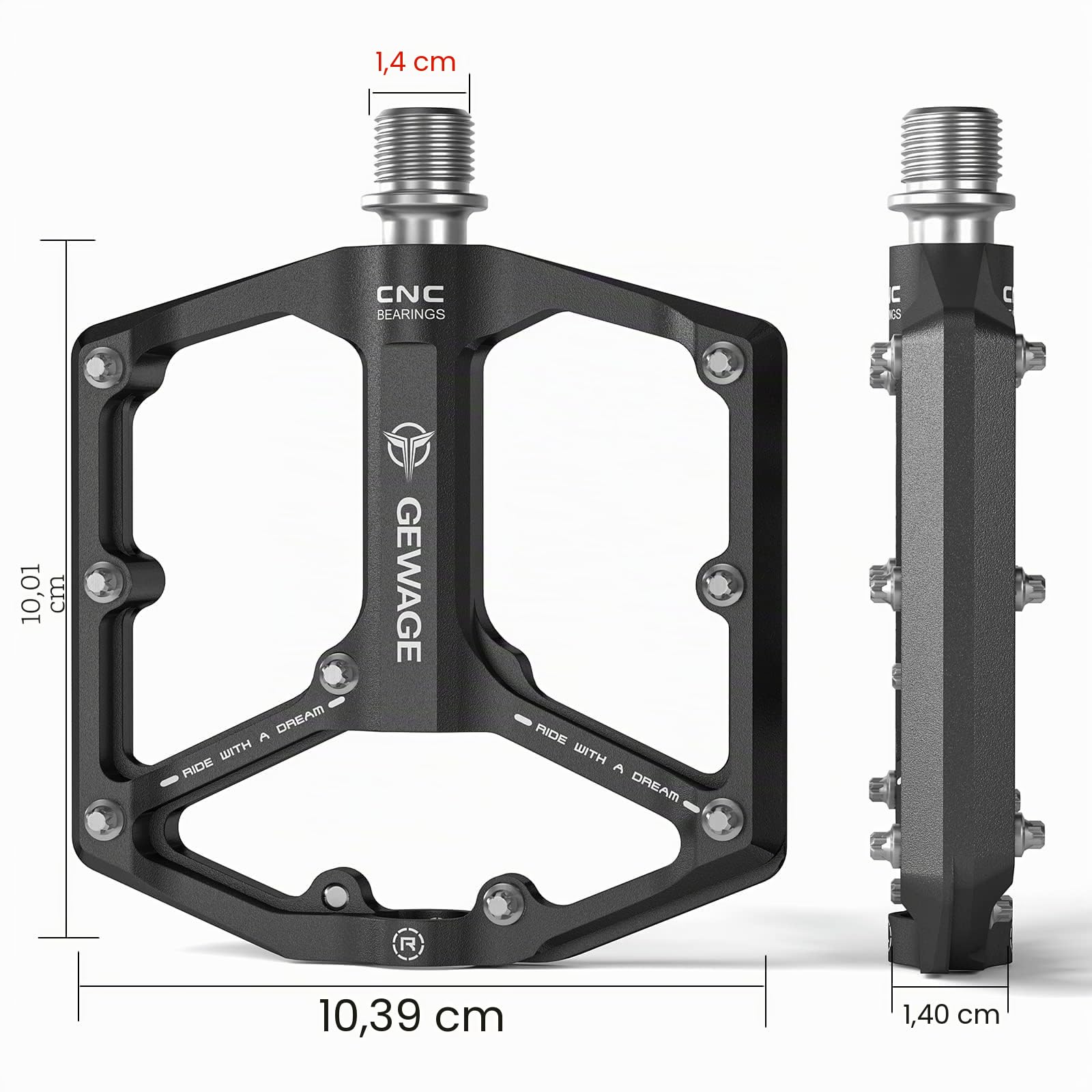 GEWAGE Pédales de vélo Route Montagne 3 roulements Plates usinées CNC 9/16" Clous antidérapants Amovibles
