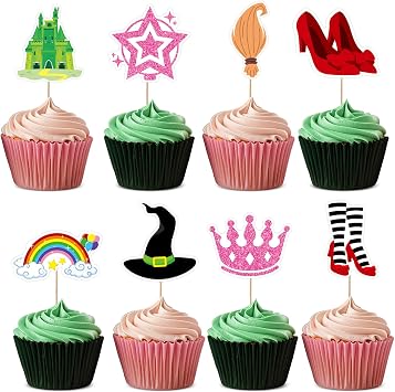24PCS Pink and Green Cupcake Toppers Decorations Princess and Witch Themed Cupcake Toppers Exploding Star Broom Cake Picks Cake Decors for Halloween Witch Themed Birthday Party Shower Supplies