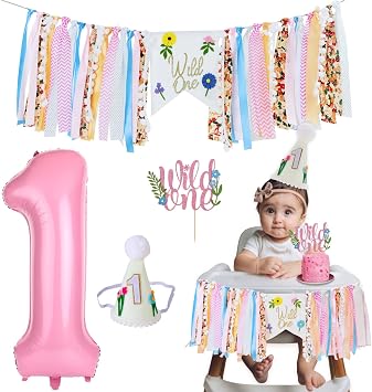 Wild Flower High Chair Banner for First Birthday Party Decoration Pink Floral Wild One High Chair Tassel Garland Banner for Girls Baby Shower Wildflower 1st Birthday Backdrop Decors Party Supplies