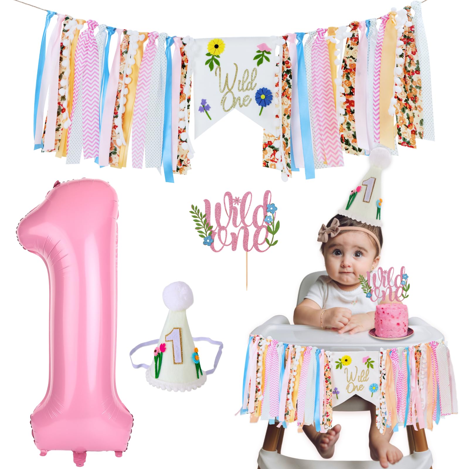 Wild Flower High Chair Banner for First Birthday Party Decoration