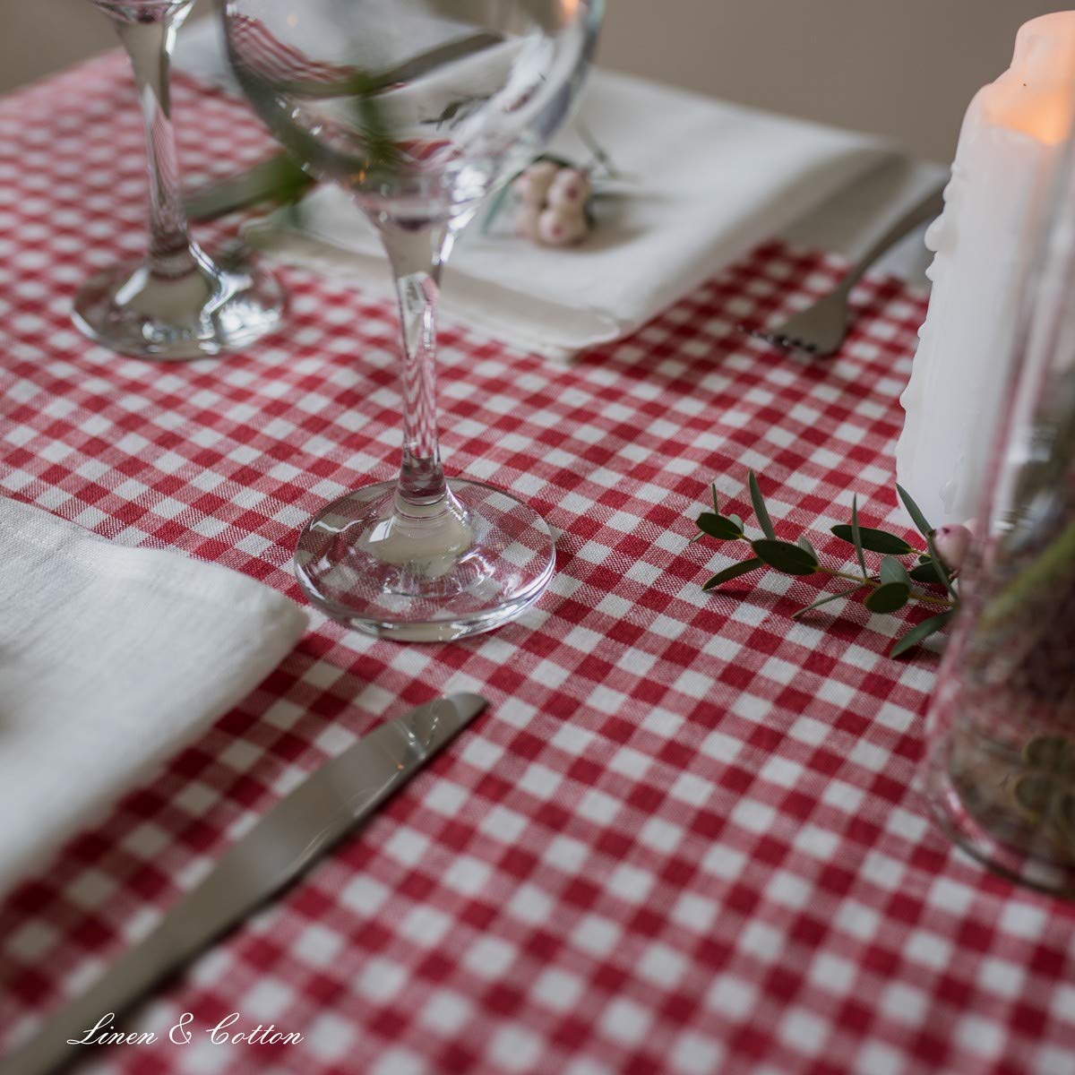 Linen & Cotton Tischläufer Estella - 100% Leinen, Weiß Rot, 40 x 300 | Stoff Tischdekoration Tischwäsche, Kariert Läufer Tisch Esstisch für Küche Haus Landhaus Festival Event Frühling Ostern