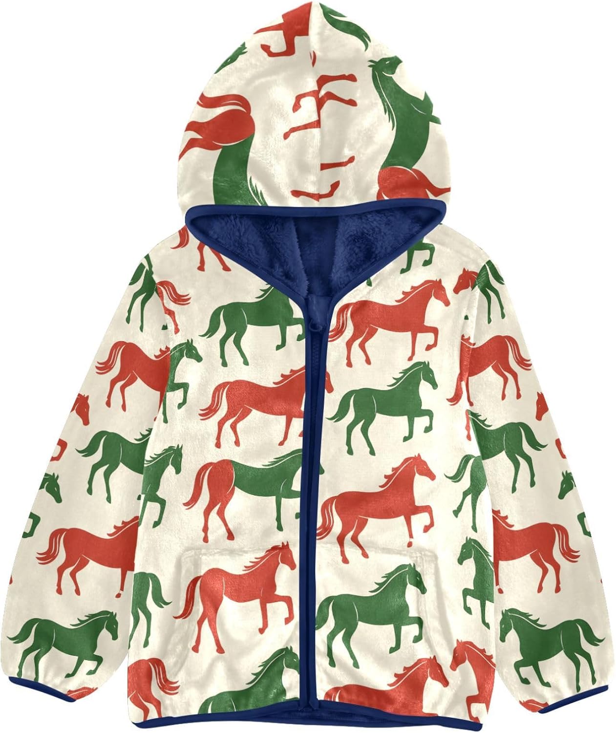 Boys Hoodie Outfit Green Red Horse Pattern Zipper Sweatshirt Coat Fleece Jacket for Kids 7-8T