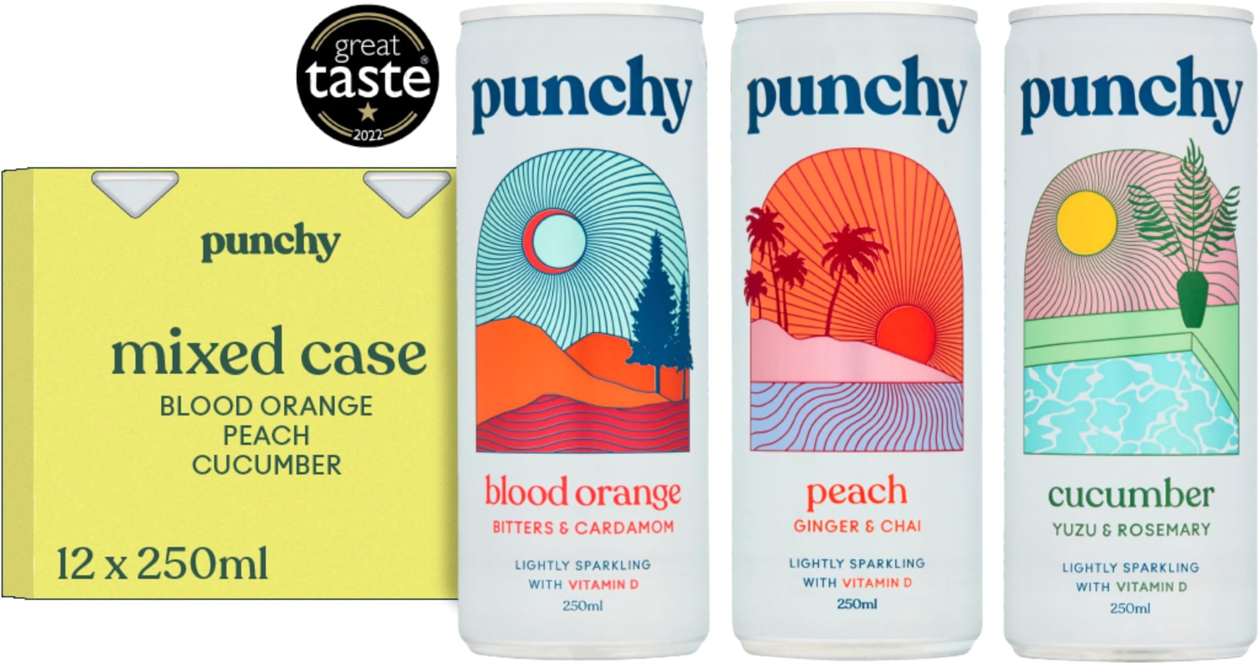 Punchy Drinks - Mixed case of Blood Orange, Cucumber & Peach - Premium Soft Drink, Mixer, Sparkling Waters, Vitamin D, All Natural, Low Calorie, Non Alcoholic - 12 x 250ml