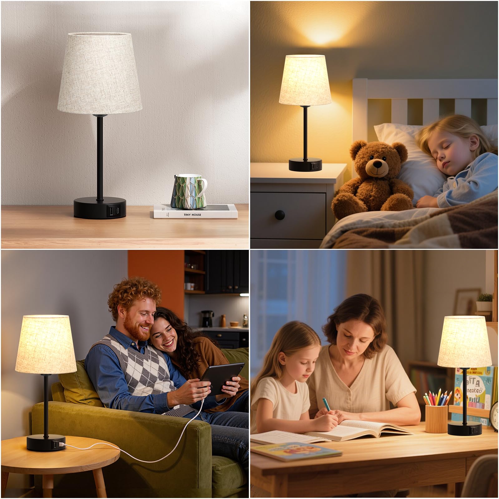 Nachttischlampe Touch Dimmbar 2er Set, Tischlampe mit Ladefunktion USB A+C-Anschlüssen 2 LED Birnen, Leinen-Lampenschirm, Kleine Lampe für Schlafzimmer Wohnzimmer Babyzimmer Büro