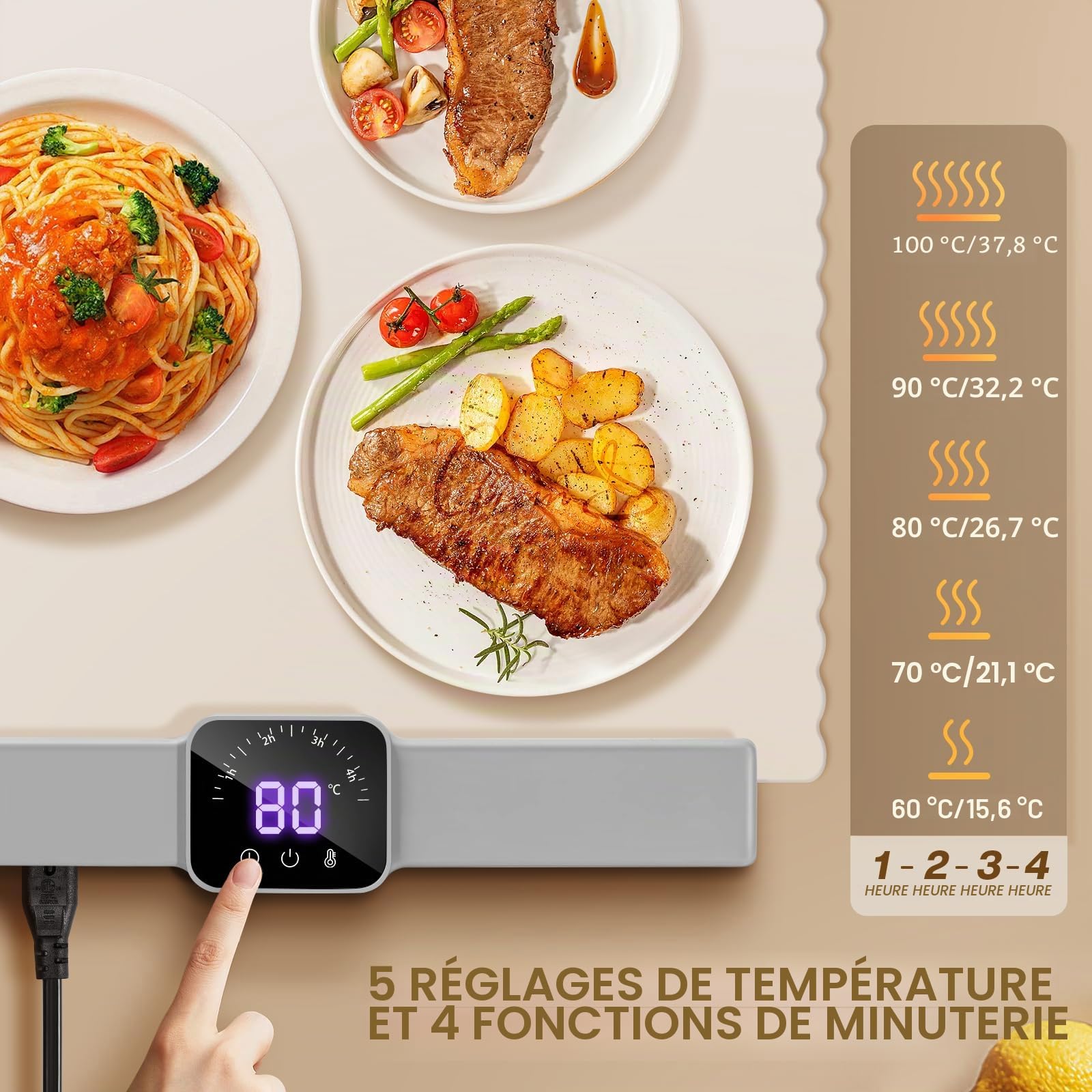 DoubleCare Chauffe Plat Électrique, Plaque Chauffante Pliable Flexible avec 5 Réglages de Température et une Minuterie de 4 Heures, Chauffe Assiette à Réchaud pour Buffets Fêtes Banquet