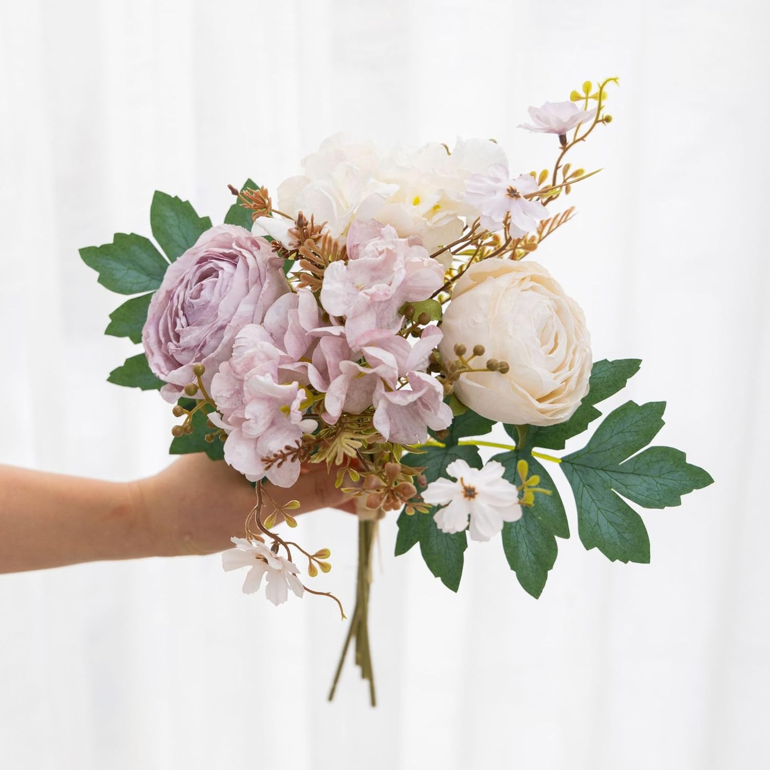 Dining Table Centerpiece Decor - Pre-Made Artificial Flower Arrangement Fake Floral with Wooden Vase for Farmhouse Kitchen Bathroom Living Room Decorations (Purple-White)