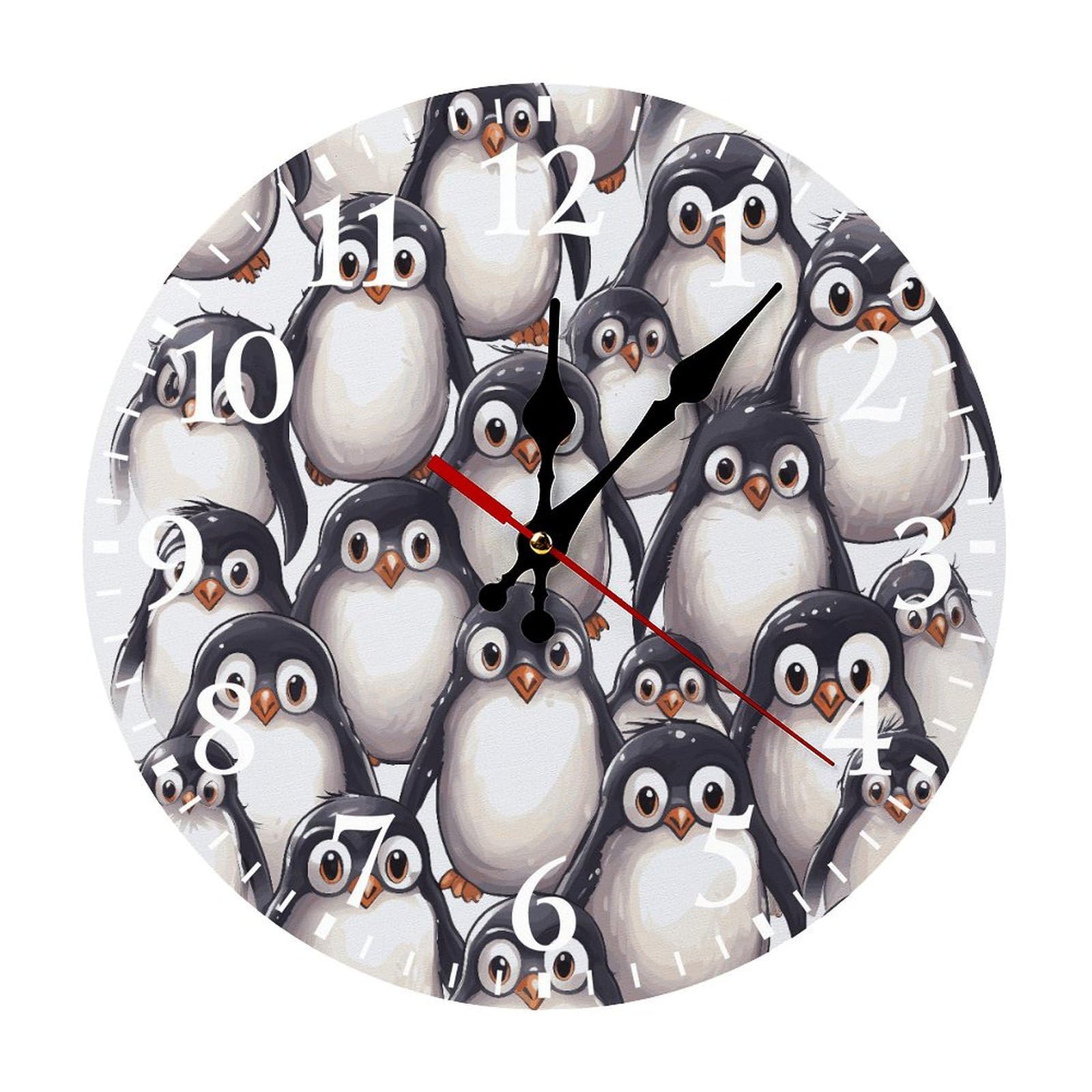NTVOWPZO 10 Inch Wall Clock Cute Baby Penguins Sketch Battery Operated Wall Clocks Silent Non-Ticking Round Wall Clock for Living Room Kitchen Home Office Wall Decorative Clock