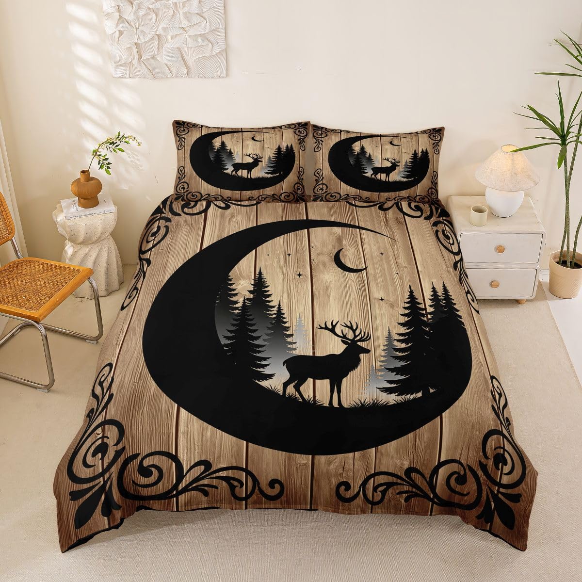Erosebridal Forest Deer Toddler Bedding Set Rustic Elk Animal Duvet Cover Country Farmhouse Cabin Comforter Cover for Kids Boys Girls,Black Moon Silhouette Bed Set