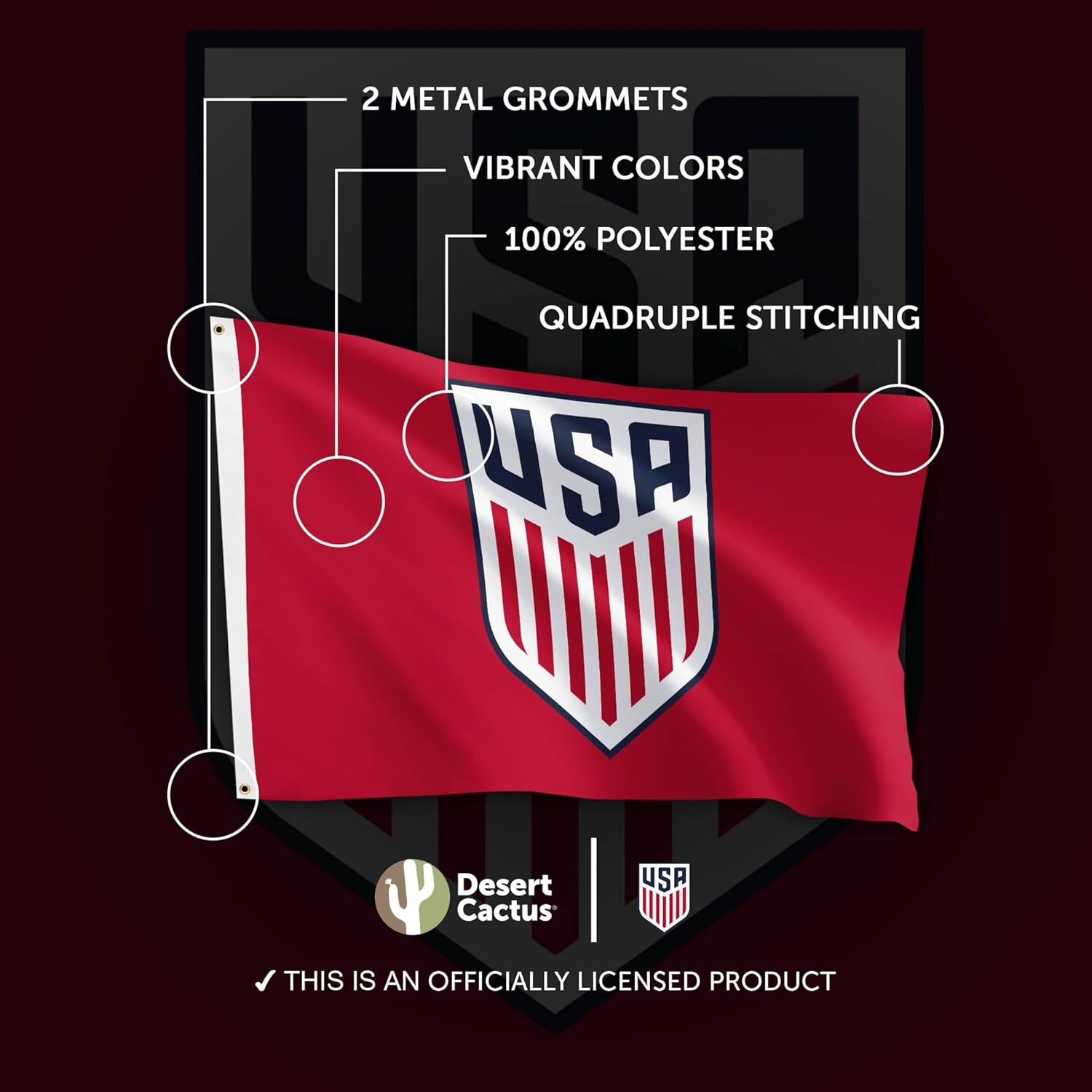 Desert Cactus US Soccer Flag USMNT United States Men's National Team 100% Polyester Indoor Outdoor 3x5 feet Officially Licensed Gear (Red, USA Soccer - C) - Image 4