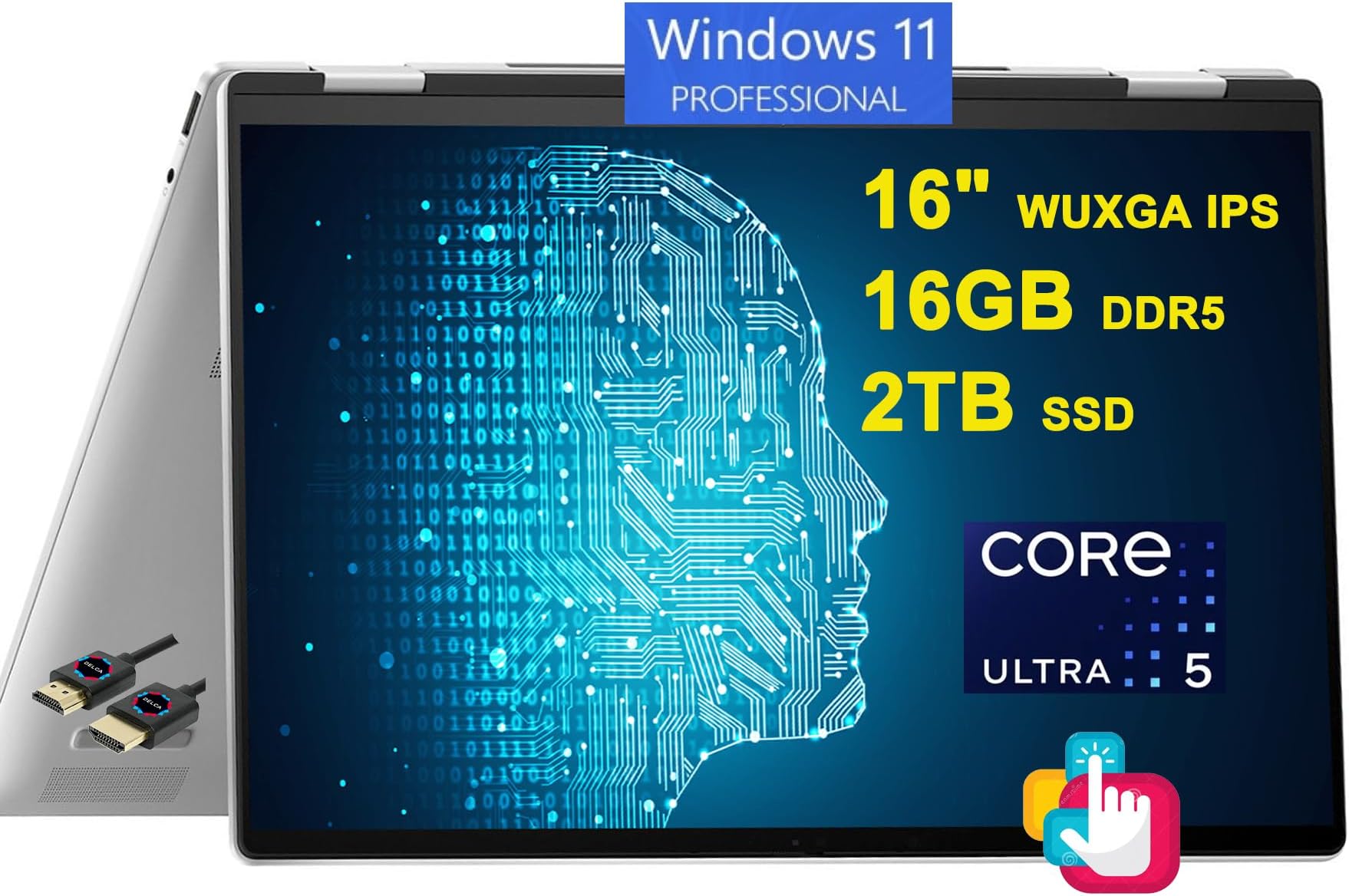 HPEnvy x360 2-in-1 AI PC Laptop | 16" WUXGA IPS Touch | Intel 12-core Ultra 5 125U (>i7-1335U) | 16GB DDR5 2TB SSD Backlit Thunderbolt USB-C Poly Studio Privacy Camera Win11Pro Silver + HDMI Cable
