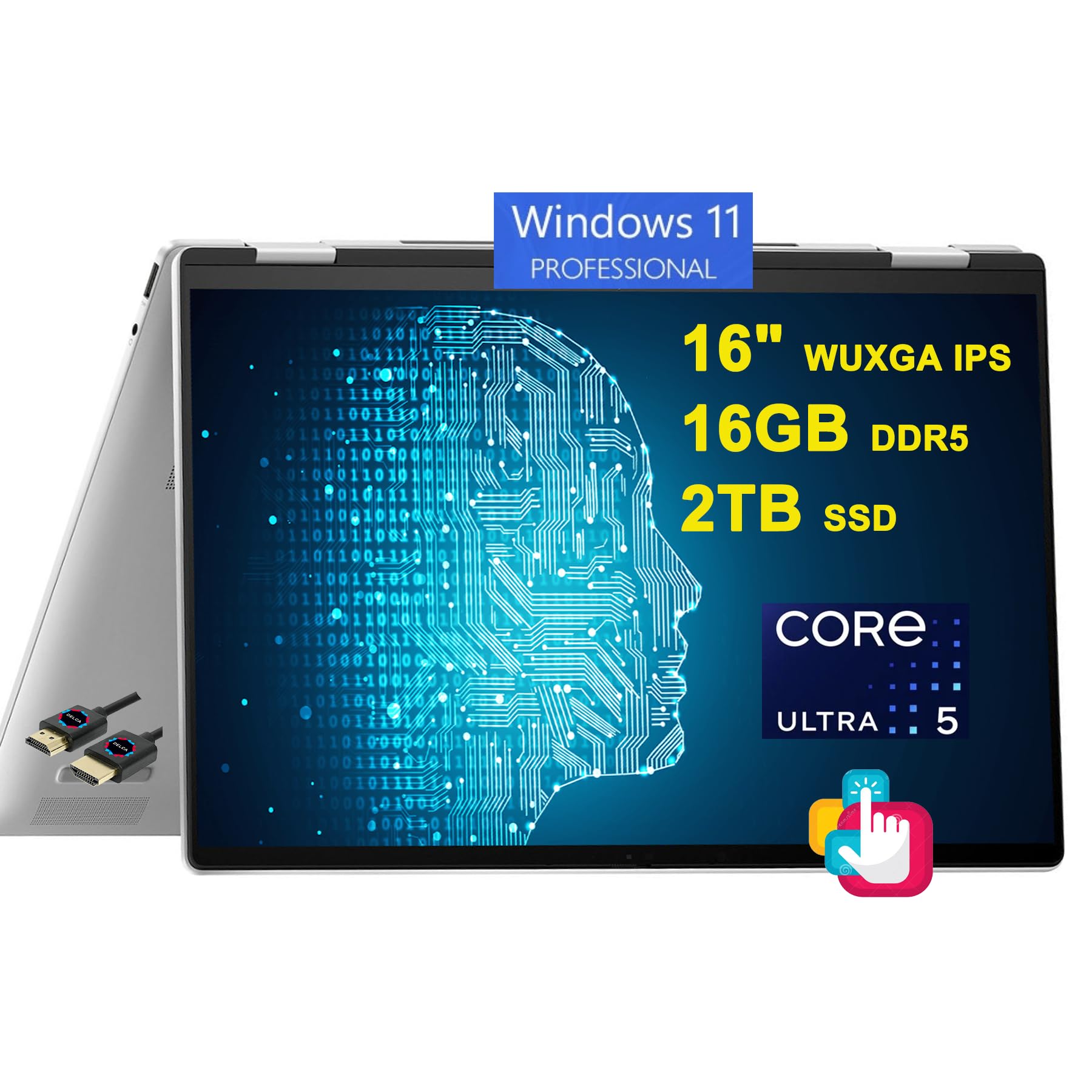 HPEnvy x360 2-in-1 AI PC Laptop | 16" WUXGA IPS Touch | Intel 12-core Ultra 5 125U (>i7-1335U) | 16GB DDR5 2TB SSD Backlit Thunderbolt USB-C Poly Studio Privacy Camera Win11Pro Silver + HDMI Cable