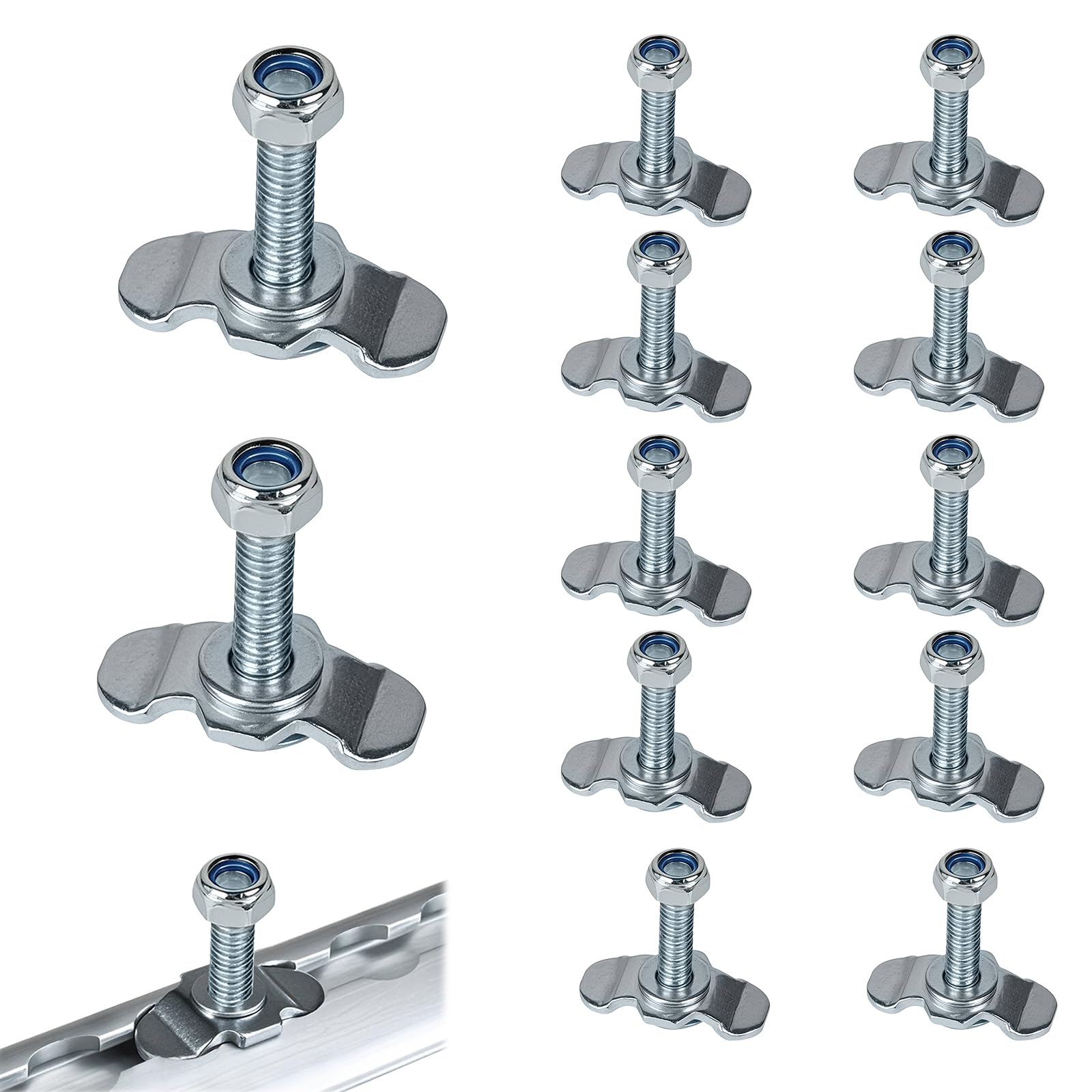 EXLECO 12X Schraubfitting Airlineschiene M8x45 Airline Fitting Airlinebeschlag Silberne Sicherungsmutter Airlineverschraubung Zubehör Endbeschlag für Zurrschienen 500daN Verzinkt Airlineverschraubung