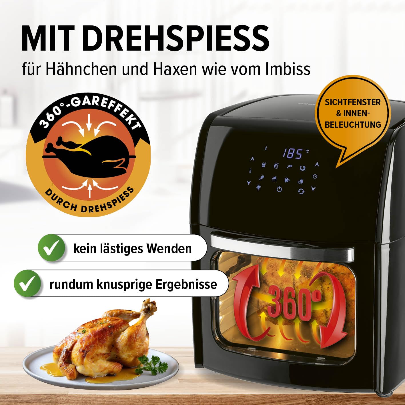 GOURMETmaxx Digitale Heißluftfritteuse 12L XXL-Ofen | Airfryer mit Timerfunktion, Touchdisplay, Drehspieß & Backgitter | fettarm, energiesparend frittieren | 8 Programme, 1800 W