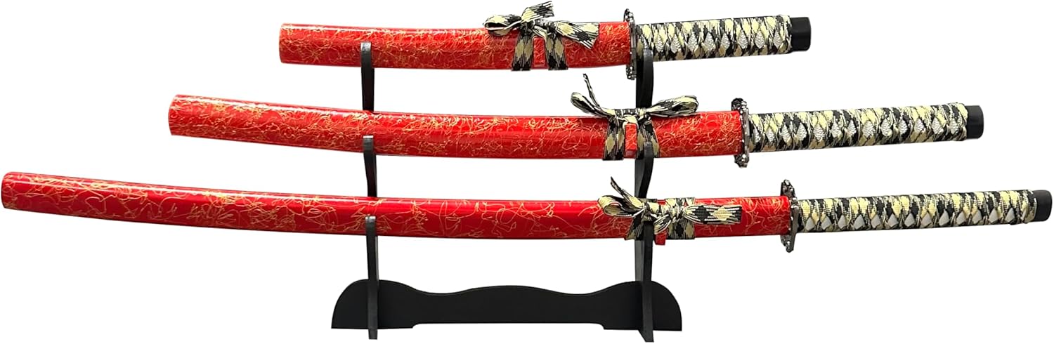 3-Piece Samurai Sword Set with Stand – Red Lacquer Scabbard Katana, Wakizashi & Tanto, 1095 Carbon Steel Blades, Perfect for Display, Cosplay, Martial Arts Practice & Gift Collection