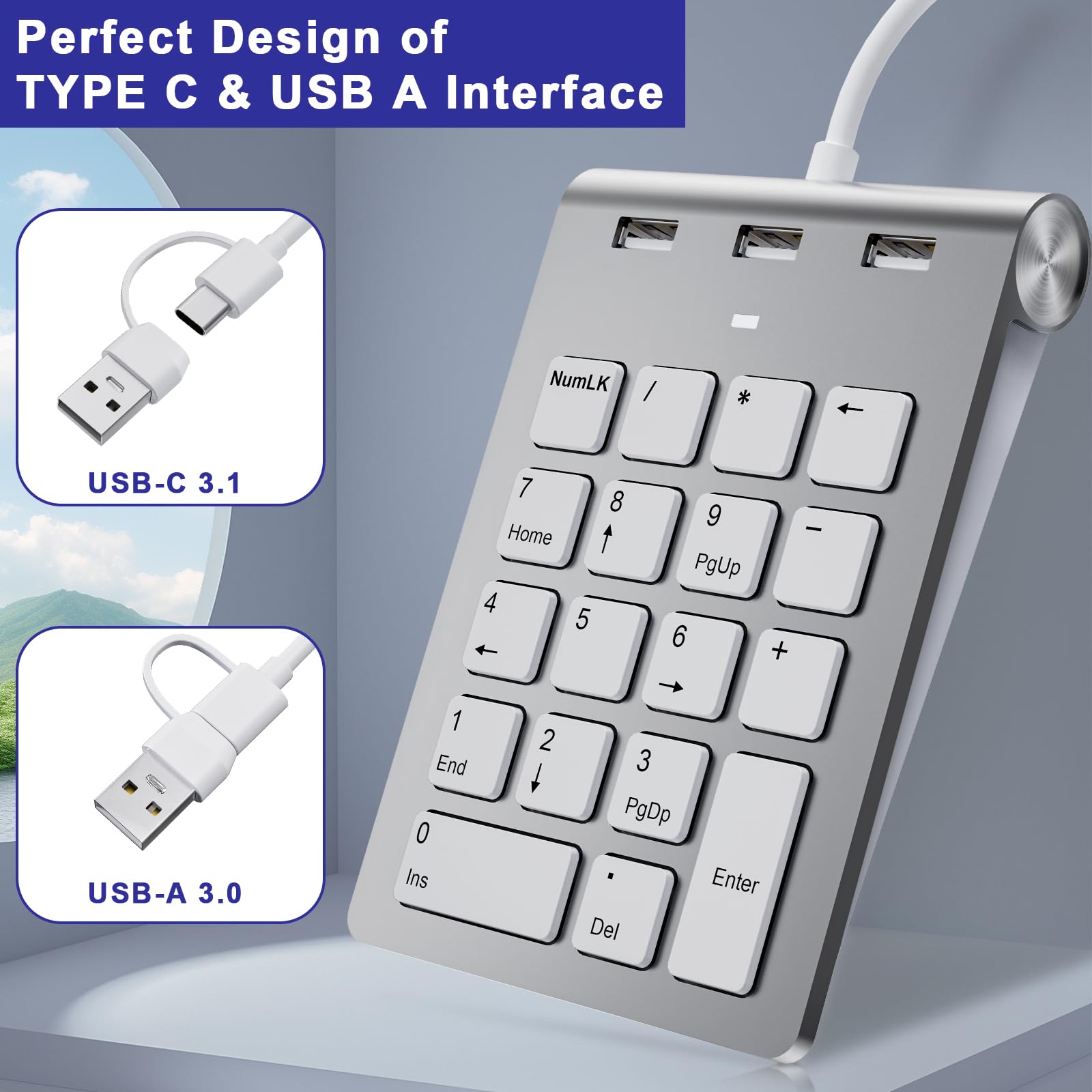 Pavé numérique filaire USB C/USB A, mini pavé numérique ergonomique avec 3 ports USB 2.0, pavé numérique 18 touches, pavé numérique de calcul de bureau pour ordinateur portable, ordinateur de bureau,