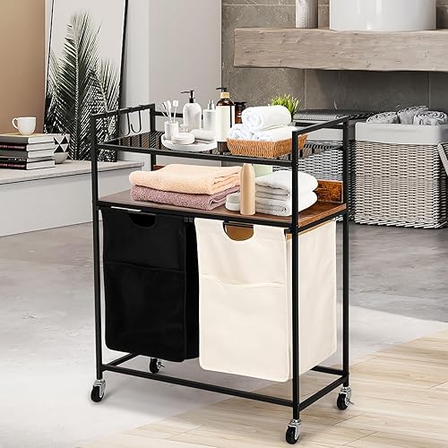 Miniatura 7 de Cesta de lavandería de 100 litros, cesta de lavandería doble con 2 bolsas enrollables, organizador clasificador de lavandería resistente e