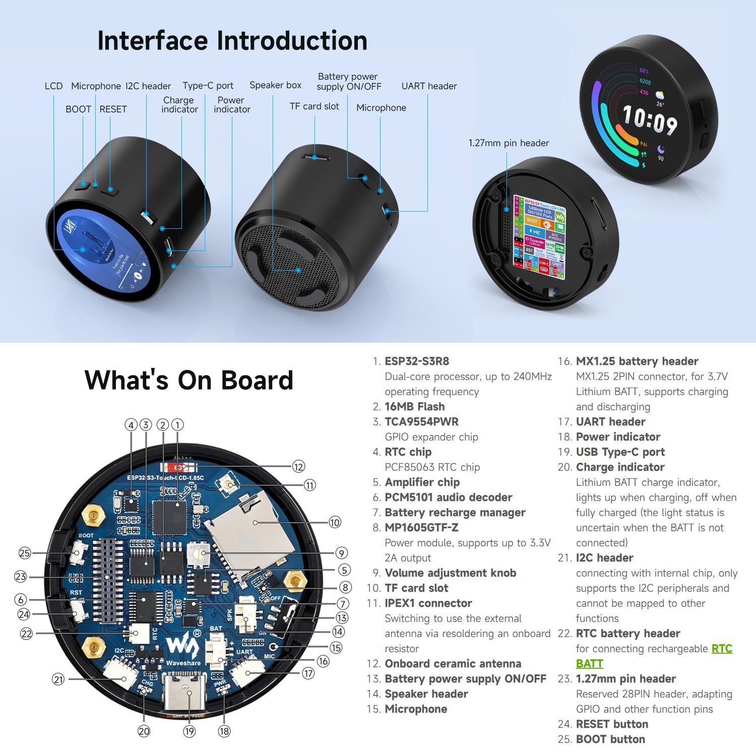 Waveshare ESP32-S3 1.85inch Round LCD Development Board, 360x360, Supports Wi-FI & BT BLE 5, AI Speech, ESP32 with Display with Smart Speaker Box(3.7V Lithium Batt Not Included)
