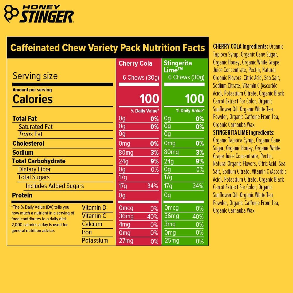 Honey Stinger Organic Caffeinated Energy Chew Variety Pack of 12, 6 Packs Each of Cherry Cola & Stingerita Lime, Gluten Free, for Exercise, Endurance & Performance, Sports Nutrition for Home & Gym