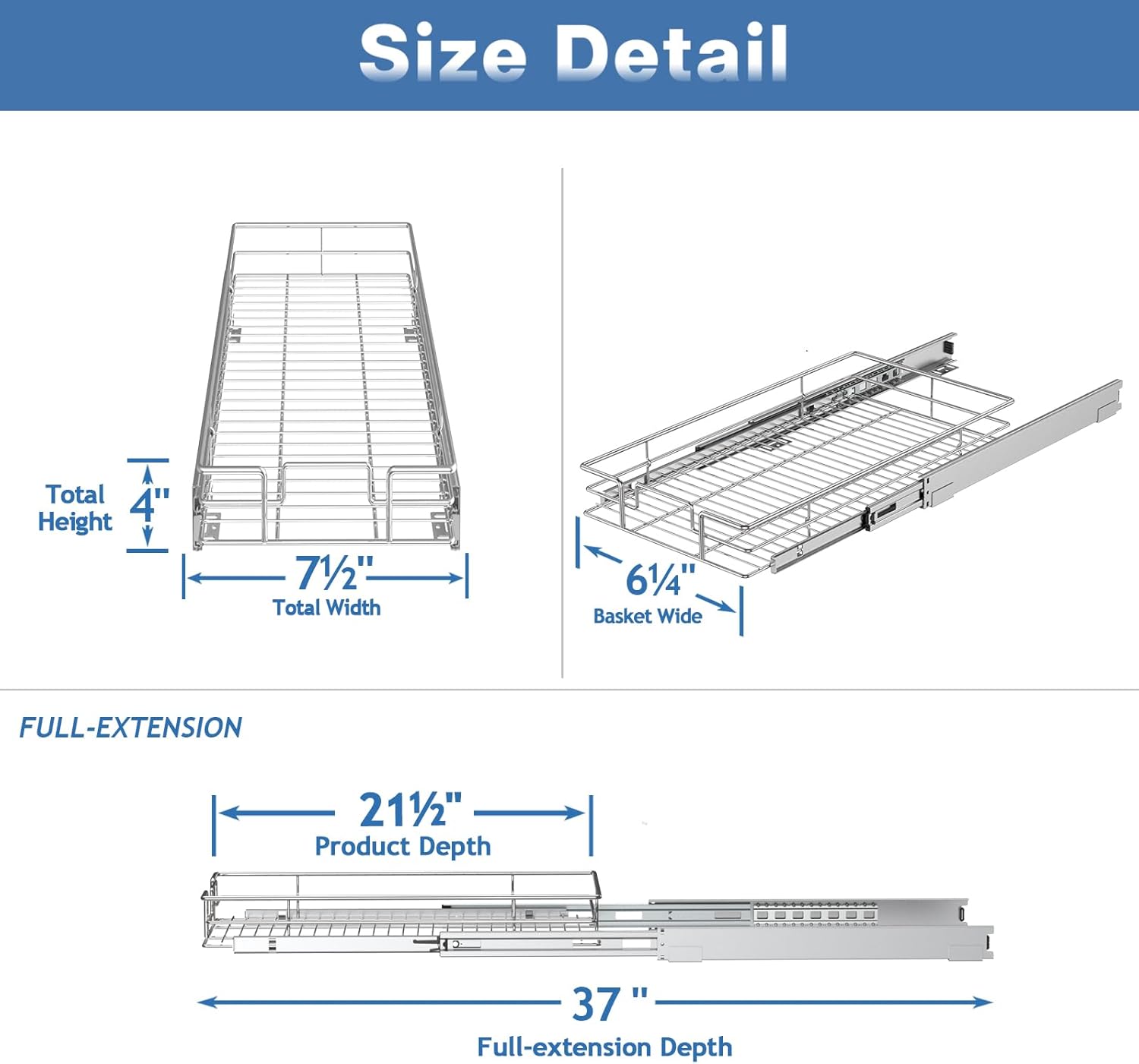 A diagram detailing the dimensions of the pull-out organizer, including total height (4 inches), total width (7.5 inches), basket width (6.25 inches), product depth (21.5 inches), and full-extension depth (37 inches).