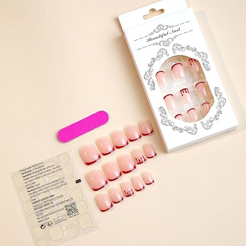 Miniatura 4 de Uñas postizas cortas a presión de Halloween, uñas postizas de cobertura completa, color rojo, punta francesa, uñas postizas con diseños de gotas de