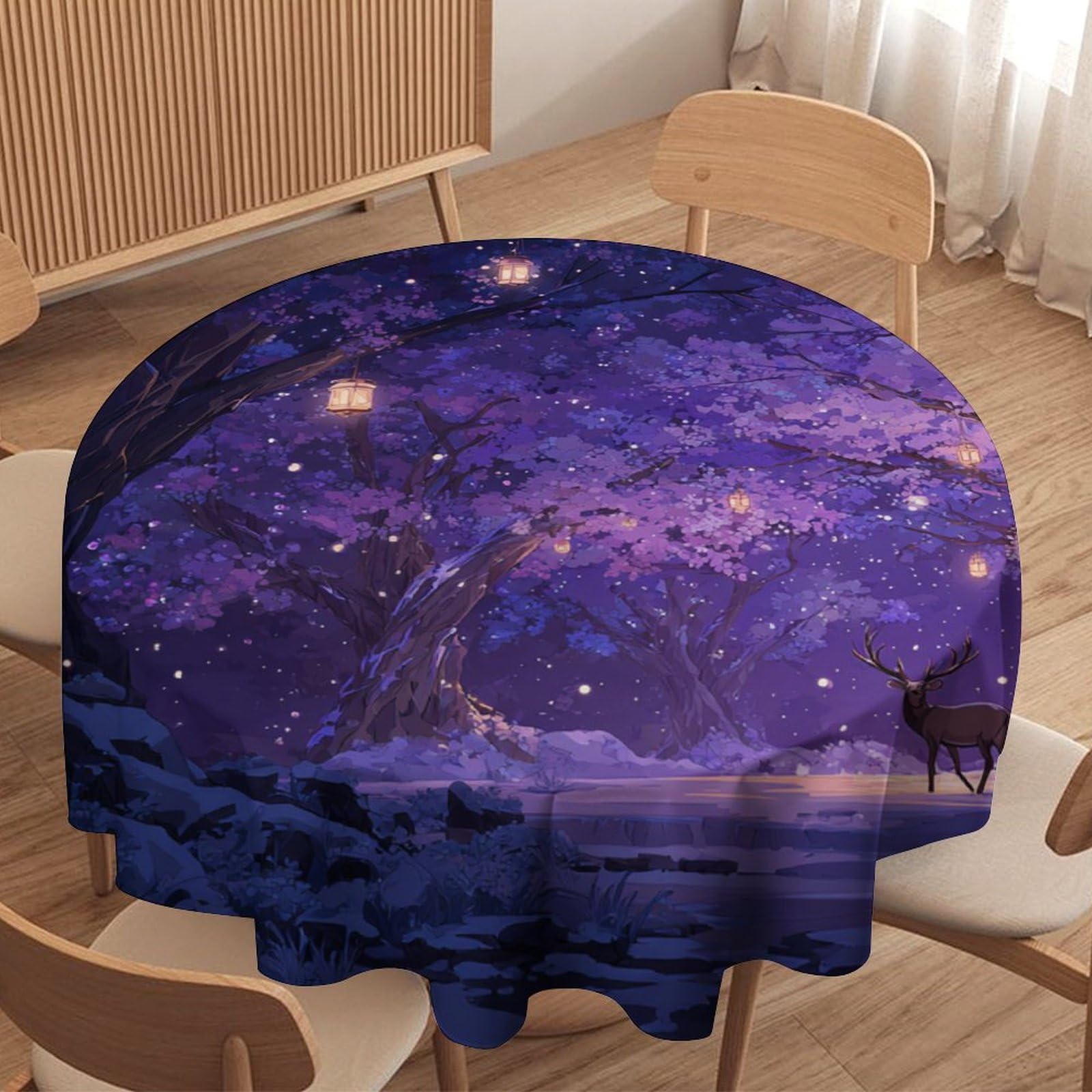 LUYYSKY Rustic Realistic Animal Deer Waterproof Round Tablecloth Classic Oil Painting Purple Starry Sky Enchanted Forest Elk Print Washable Table Cover for Kitchen-177.8" Wx177.8 L cm