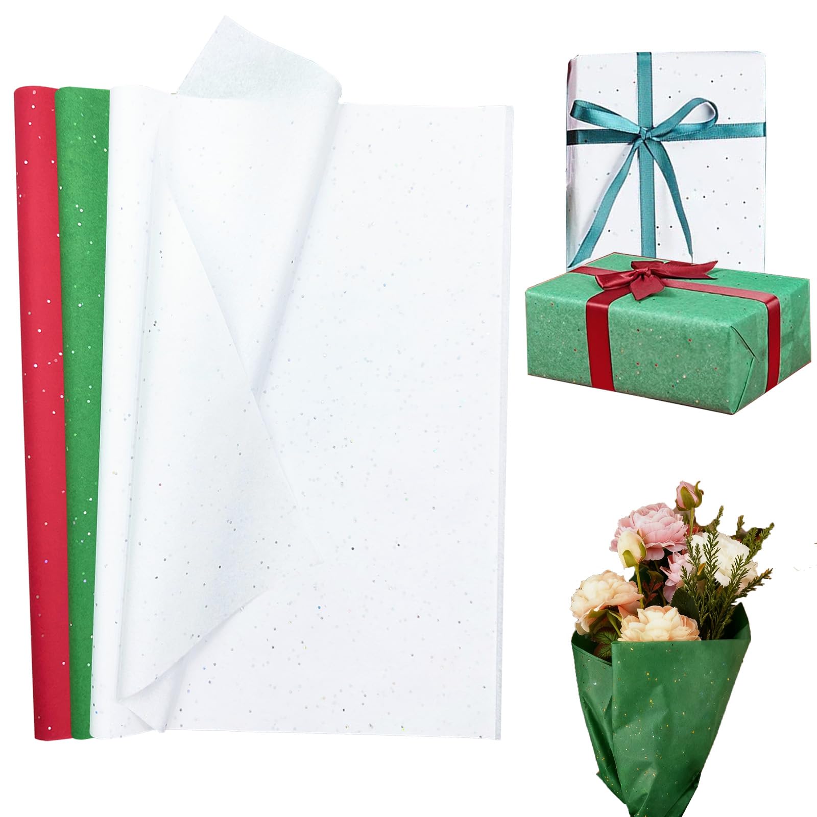 60 Sheets Christmas Tissue Paper Sheets for Wrapping Gifts, 50x35cm Red Green White Gift Wrapping Paper for Packaging Gift Bags,Tissue Papers Bulk for Craft DIY Birthday Christmas New Year Party Favor