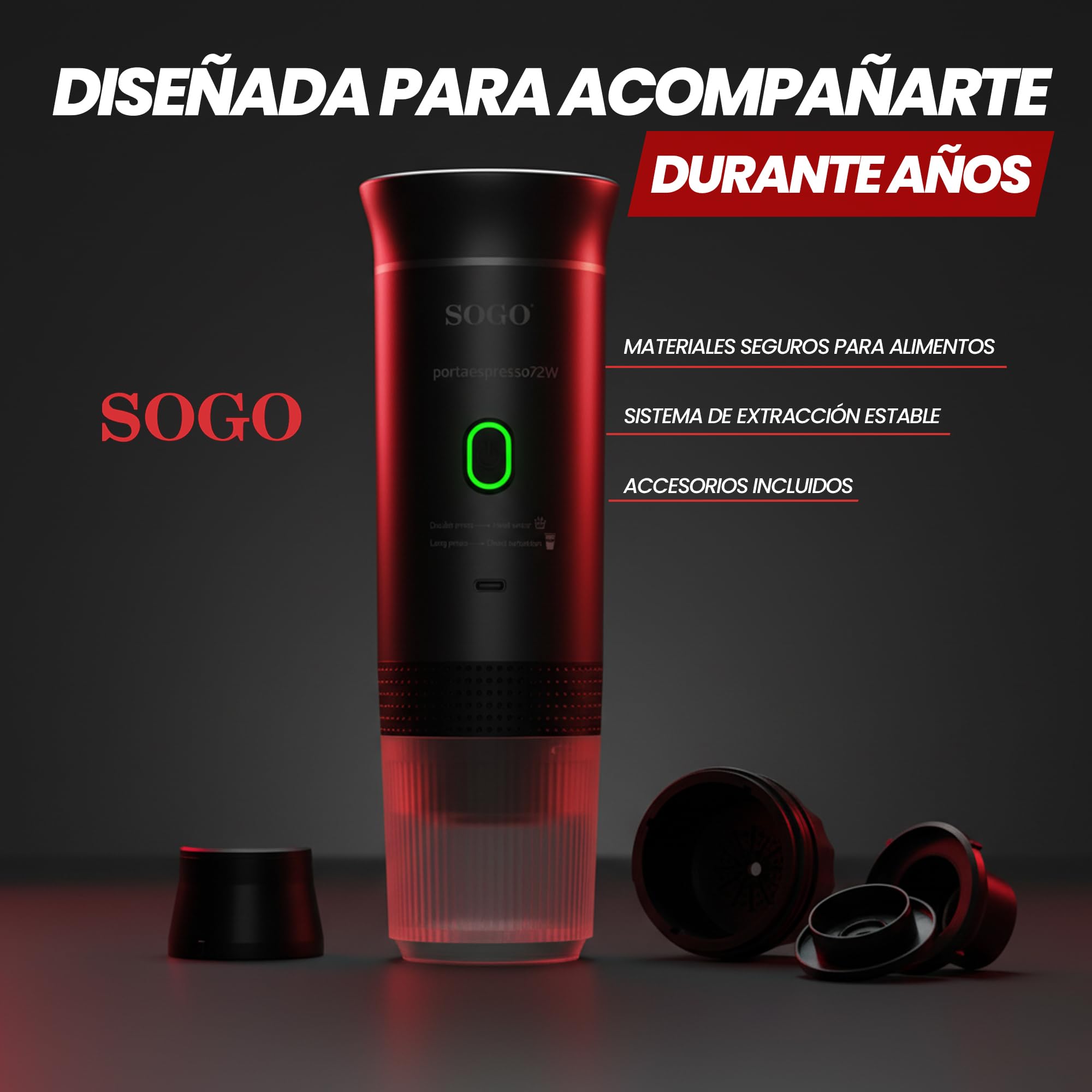 SOGO Cafetera Portátil Recargable 4 en 1 para Cápsulas y Café Molido - Mini Cafetera Compatible Nespresso y Dolce Gusto - Máquina de Café para Viajes Compacta con Función Caliente y Fría