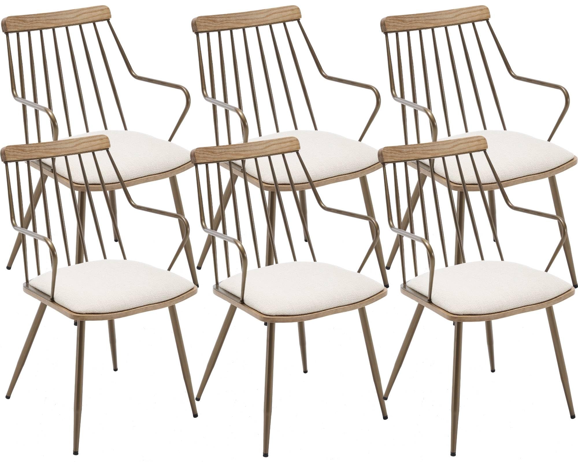 VESCASA Windsor Dining Chairs Set of 6 with Spindle Back Modern Armchairs with Brass Metal Legs for Dining Room Kitchen, Beige Linen Seat Cushion