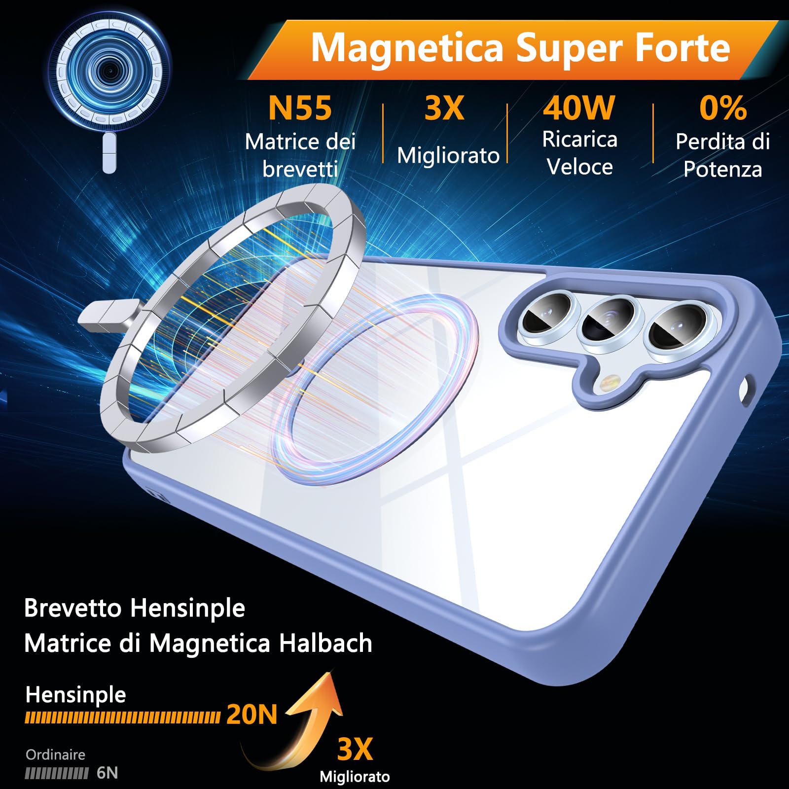 Hensinple Magnetica Cover Compatibile con Samsung A55/ A35 5G con Vetro Temperato, Custodia Antiurto Sottile Trasparente Posteriore Graffi Paraurti TPU Bumper Case -Azzurro