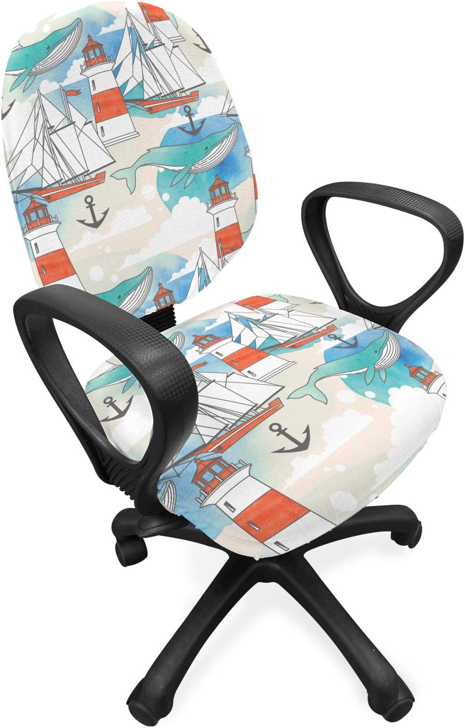 Ambesonne Lighthouse Office Chair Slipcover, Abstract Whale Anchor and Boats Pattern Sky Inspired Background Nautical Design, Protective Stretch Decorative Fabric Cover, Standard Size, Seafoam
