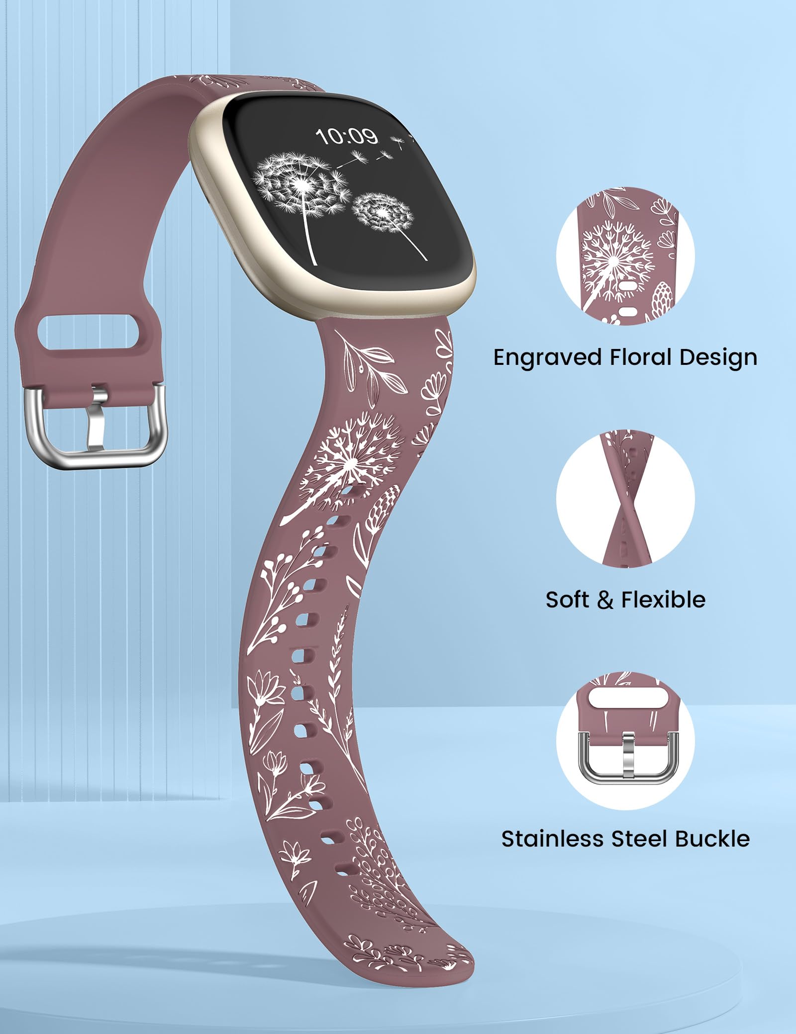 Wearlizer 2 Pack Floral Engraved Strap Compatible with Fitbit Versa 3 Straps/Versa 4 /Sense 2/Sense Bands Women - Image 4