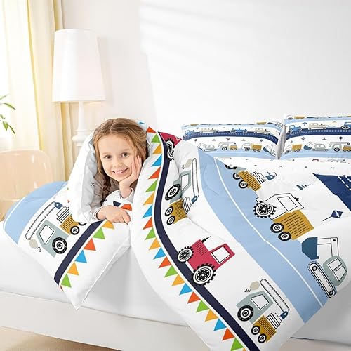 Miniatura 7 de Feelyou Juego de edredón de construcción, equipo para niños, camiones, juego de funda de edredón para niños, juego de ropa de cama de excavadora y