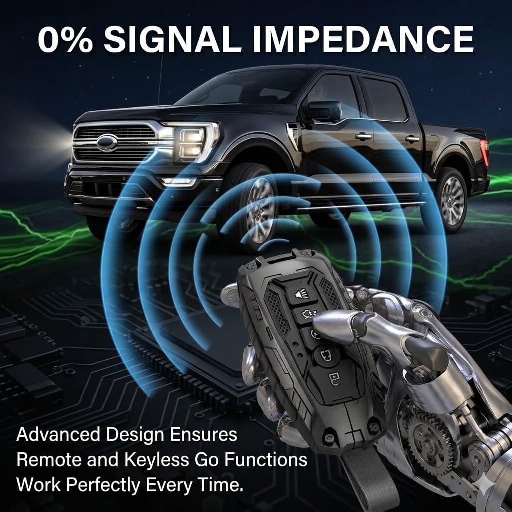 Mech Style Key Fob Cover for Ford F150 Explorer, 5 Buttons Gunmetal | Premium zinc alloy armor for Ford 5-button smart keys. Features glow-in-the-dark buttons and 100% signal transparency.