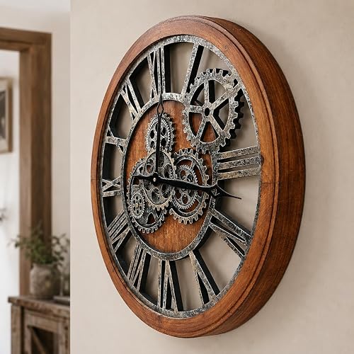 The B-Style Large Wall Clock, 24 inch, Brown and Bronze | Moving Gear /Oversized Vintage Farmhouse//Living Room Decor/ Rustic Industrial/Wood Clock/Housing Warming Gifts