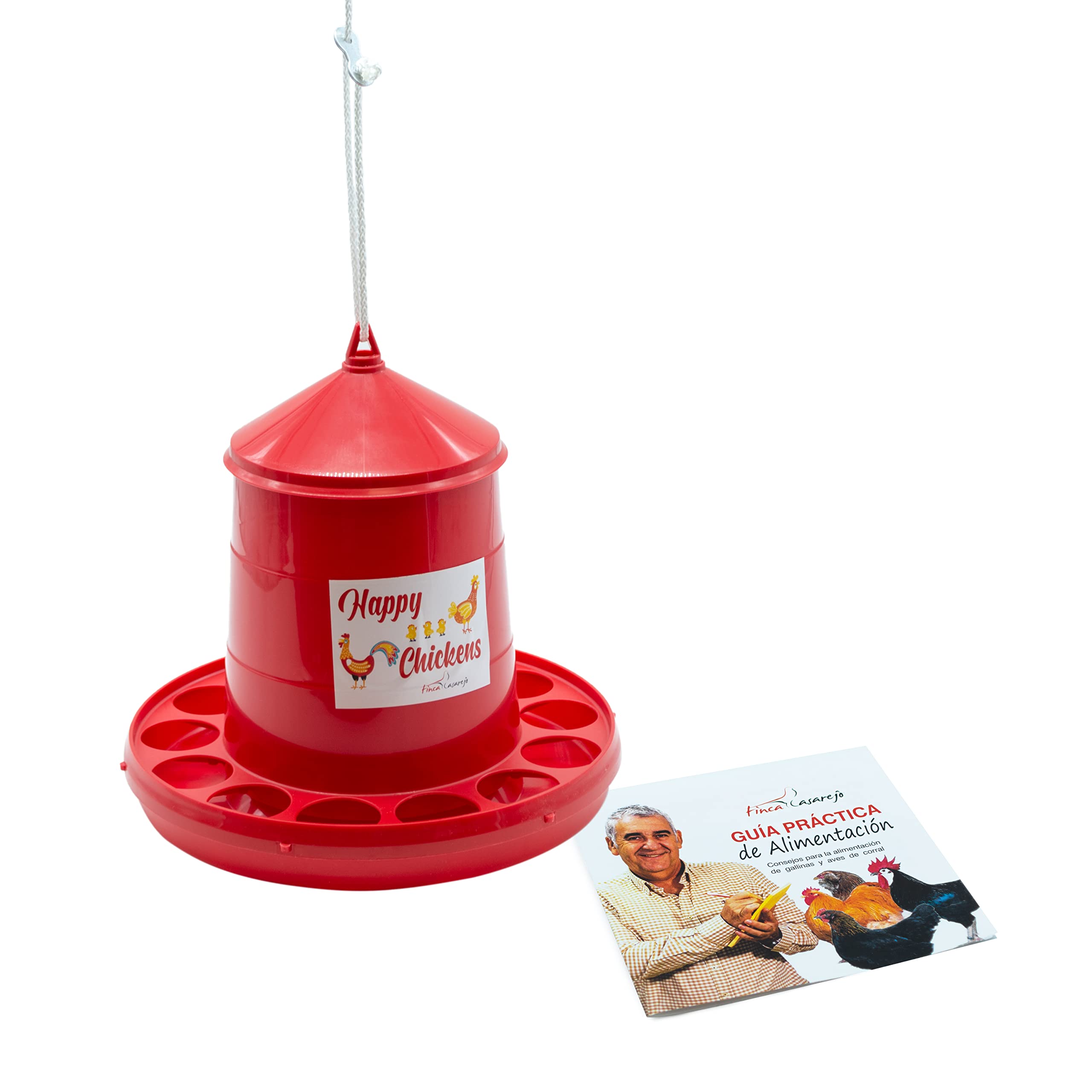 Comedero para Gallinas con Sistema Antidespilfarro - Tolva Happy Chickens 4 kg - Plástico Resistente para conservar el alimento - Incluye Guía Práctica de Alimentación