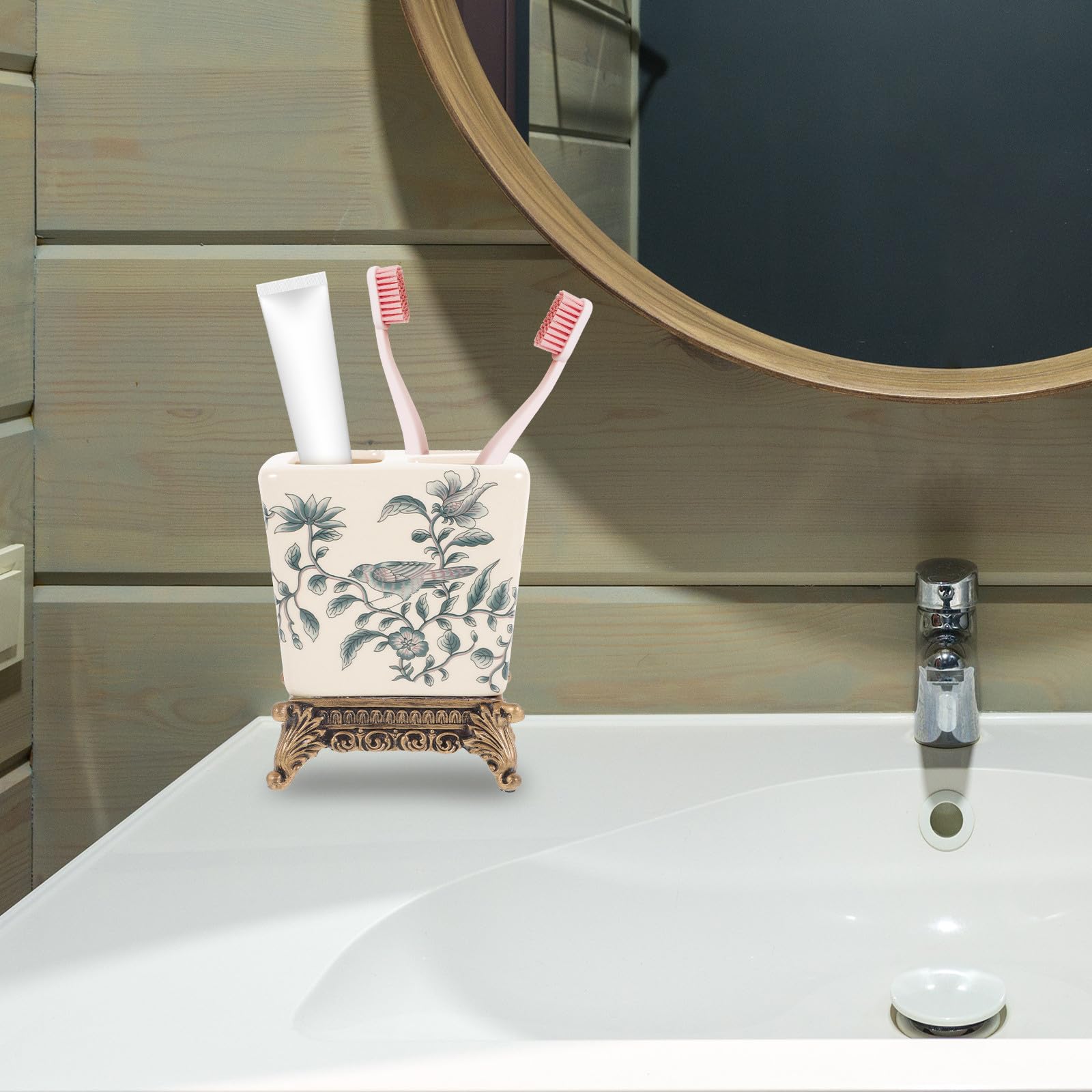 Porta Spazzolini in Ceramica Vintage Europeo da Tavolo | Base in Resina, Design Portatile Multifunzionale, Uso Cucina e Bagno Domestico