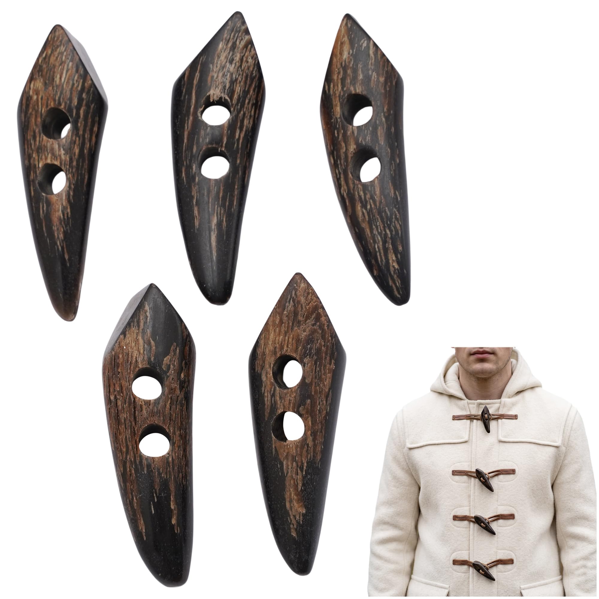 Lord Of Battles 5 Pieces, 2.1" Long Natural Horn Toggles for Coats and Jackets Horn Buttons Perfect for Craft, Medieval, Viking, Medieval Fantasy Accessories