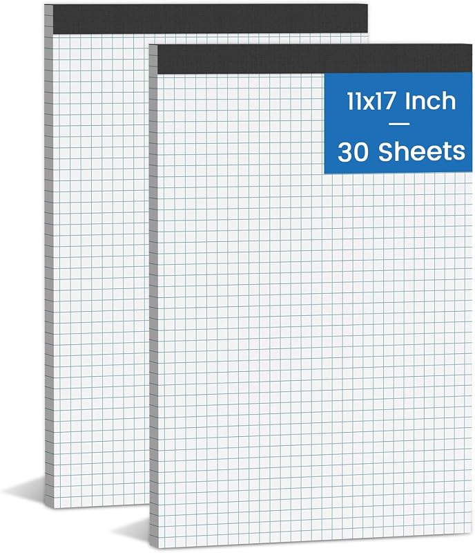 Paquete de 2 blocs de papel cuadriculado de 11 x 17, 4 x 4, papel de cuadrilla con diseño de cuatro rayas | Dibujos de planos, dibujo, dibujo de ingeniería y planificación, papel de dibujo de cuadrícula grande perforado, 30 hojas/bloc