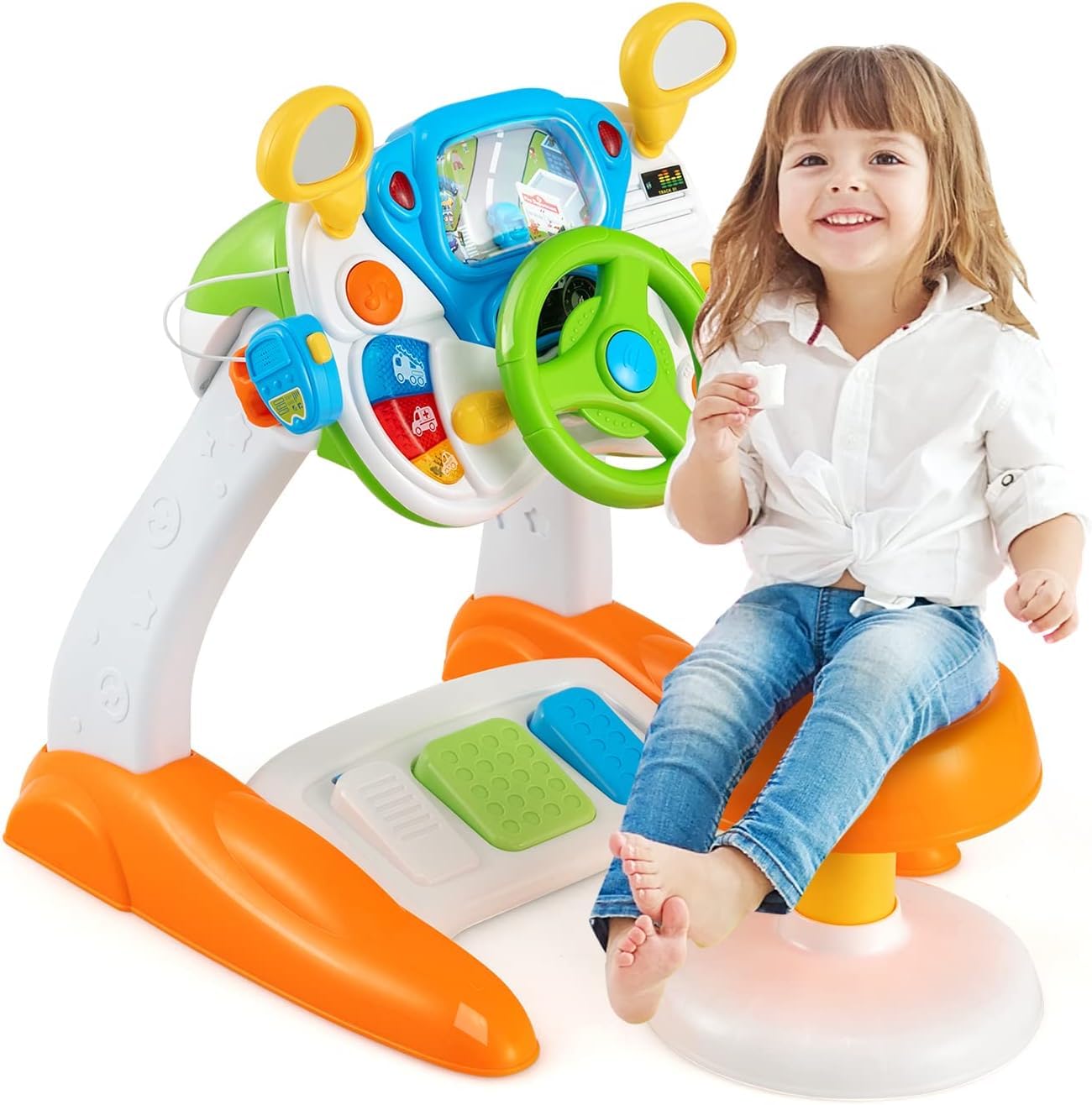 RELAX4LIFE Volante Juguete con Pantalla, Taburete, Efectos Luz y Sonido, Música, Claxon, Pedales y Intercomunicador, Volante Niños de ABS con Velocidad Ajustable, Juguete para Niños 3+ Años, Colorido