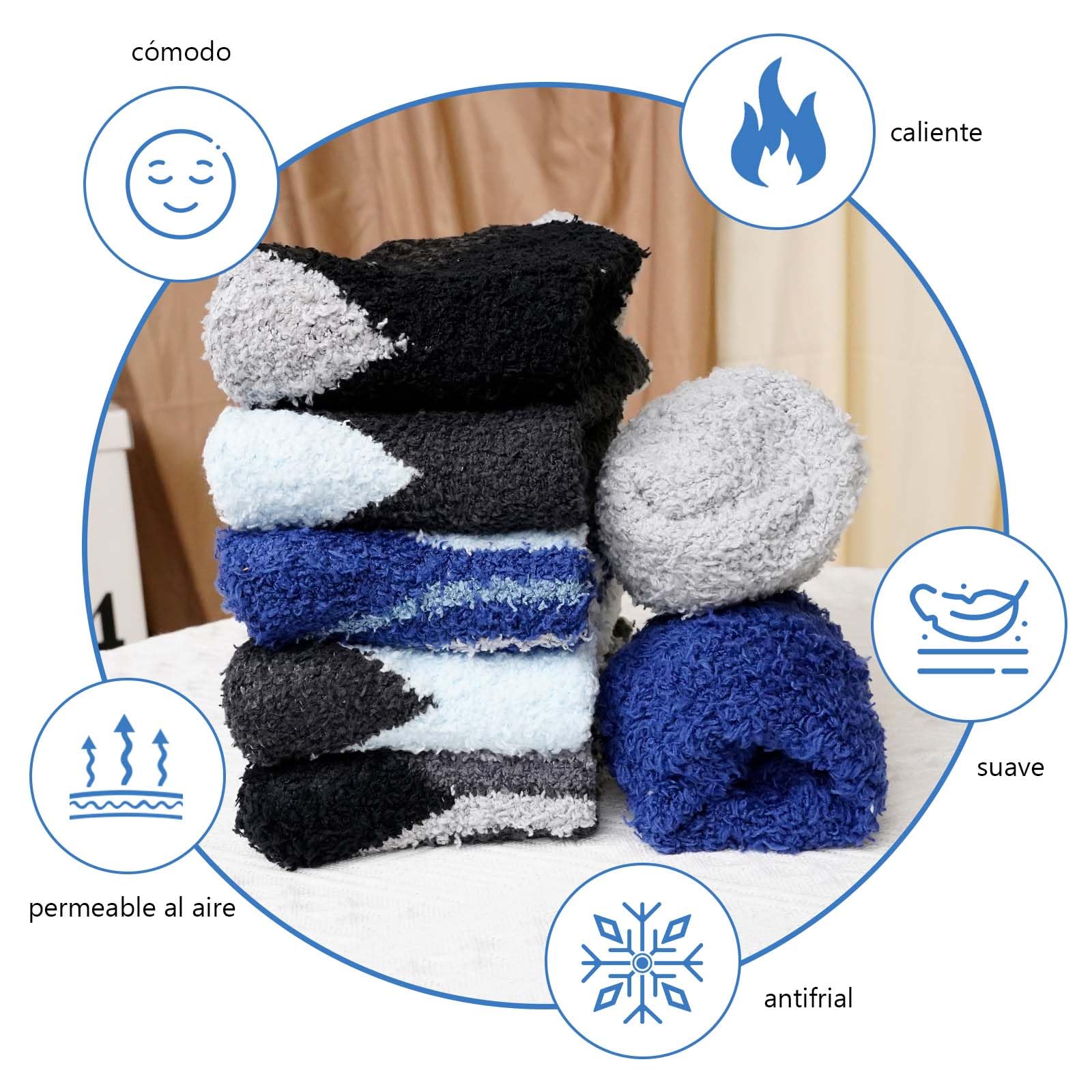 LOFIR Calcetines Invierno Antideslizantes para Hombre: Calcetines Térmicos para Dormir - Calcetines Calentitos y Gordos de Polar Coral Calcetines Suaves y Mullidos con Rayas 36-46 5 Pares