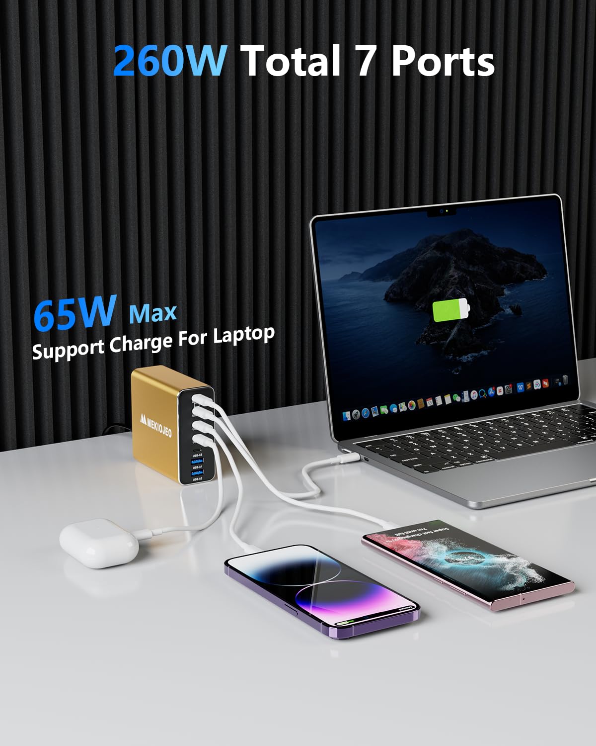 MEKIOJEO Stazione di ricarica veloce di GaN del caricatore di USB C della lega di alluminio 260W USB C